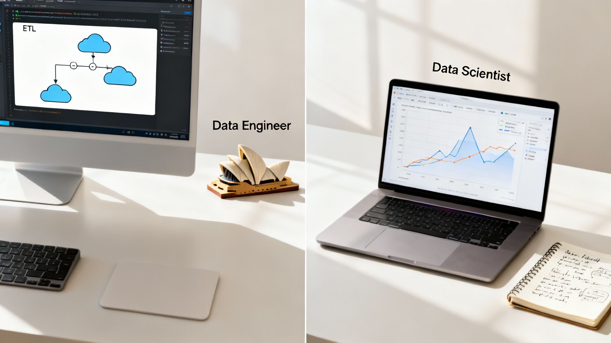 Side-by-side comparison of a Data Engineer's ETL diagram and a Data Scientist's data visualization.