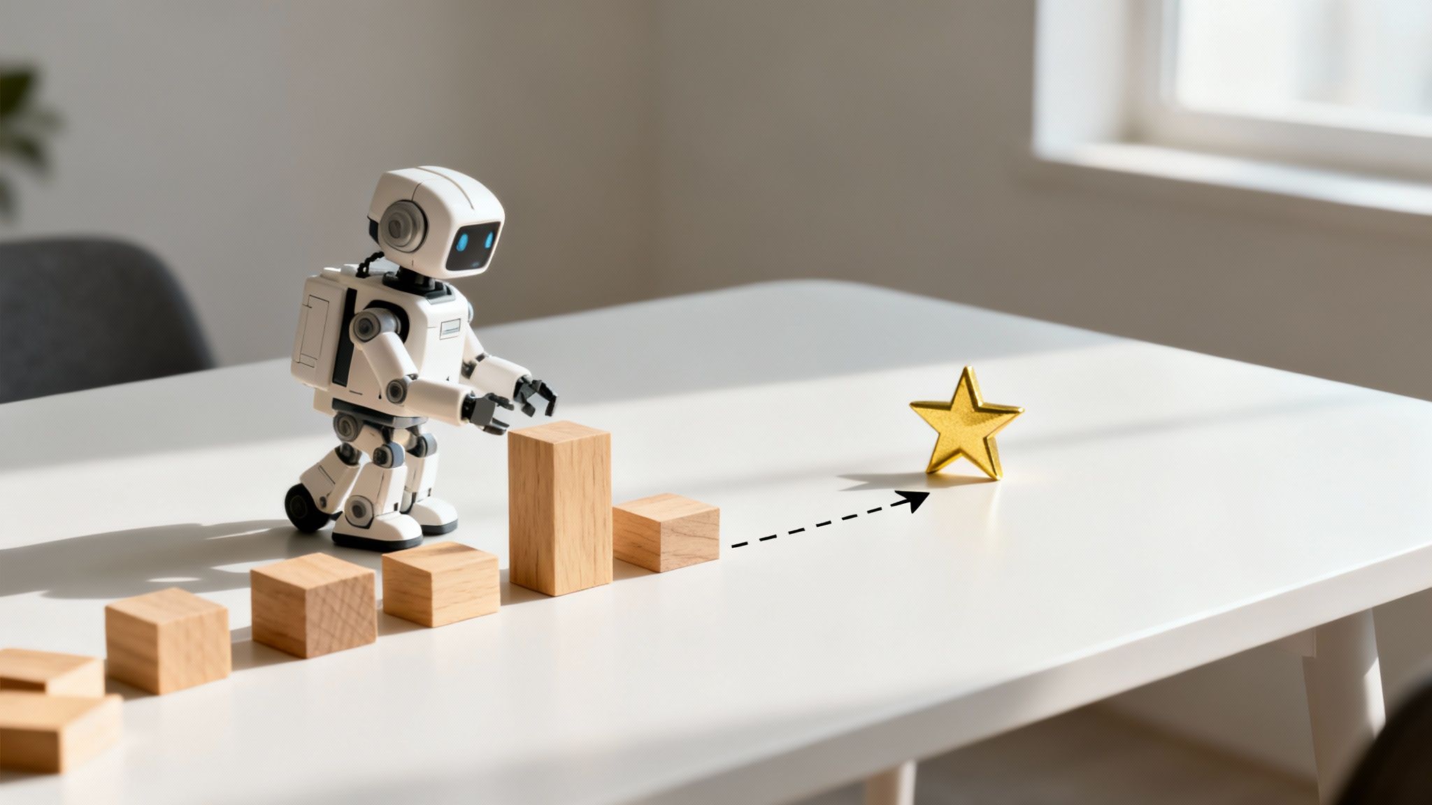 A small white robot moves wooden blocks as steps towards a golden star, symbolizing progress.