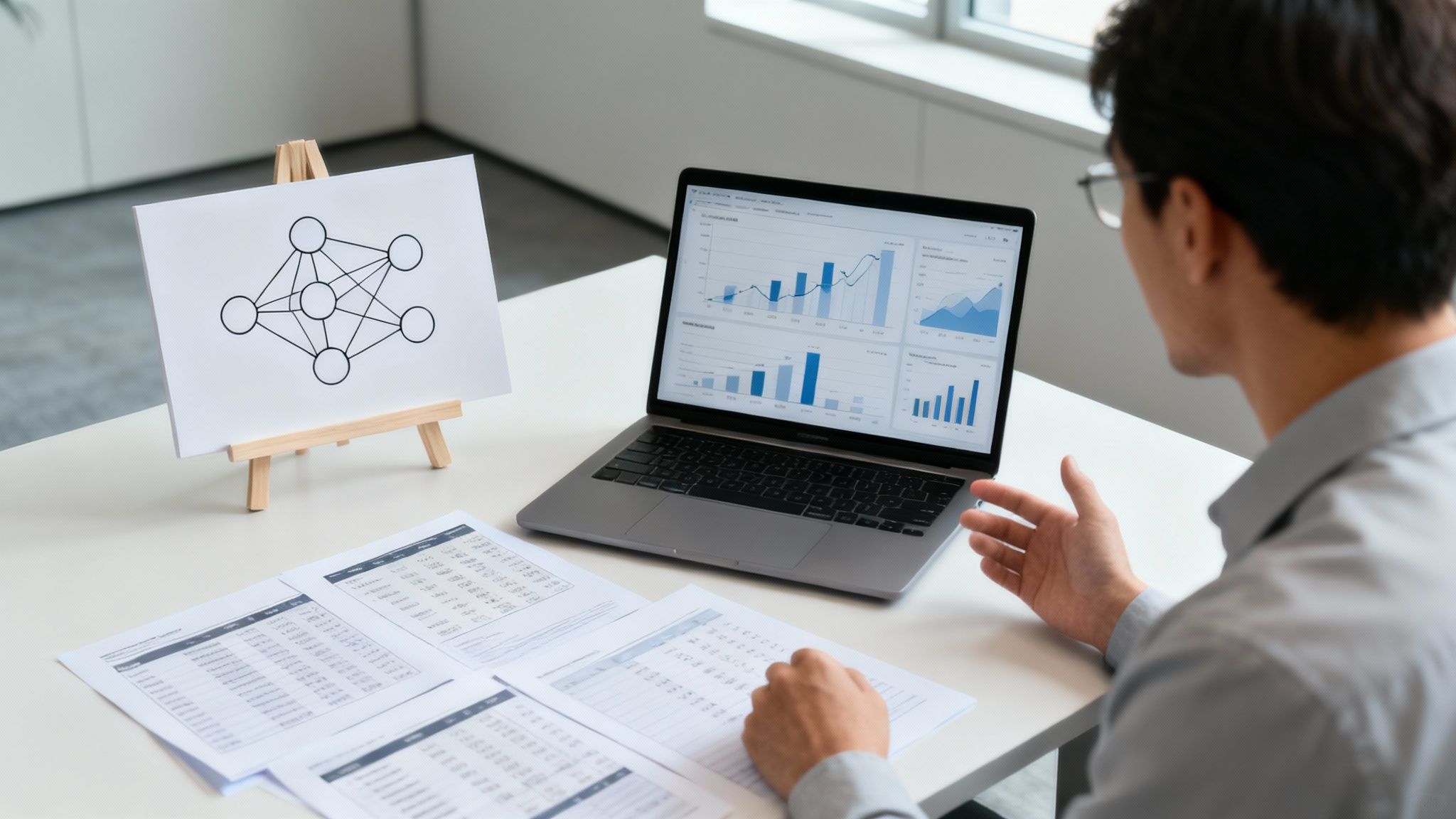 A person in glasses studies data on a laptop with charts, documents, and an AI neural network diagram.