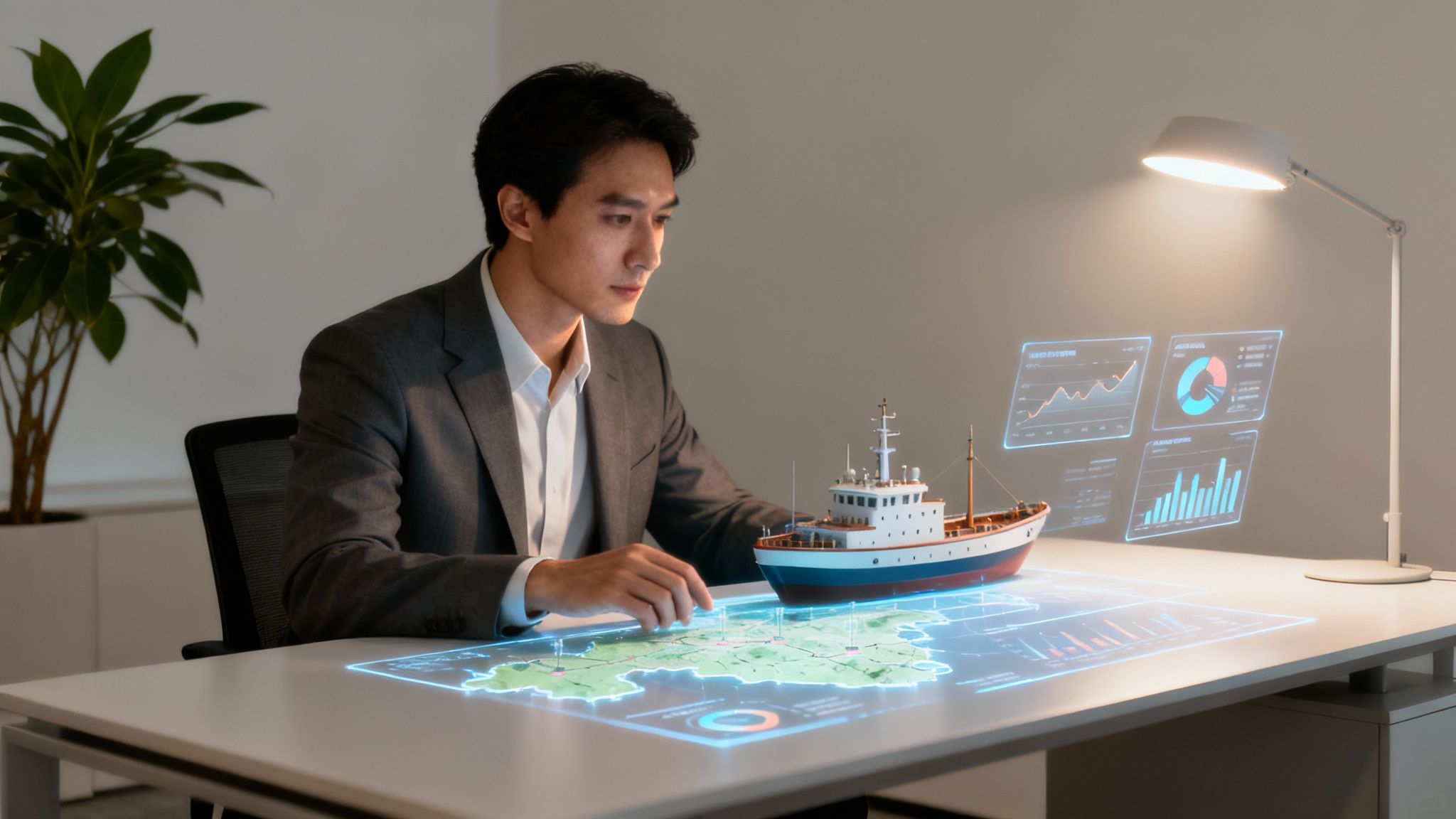 A man in a suit interacts with a futuristic holographic desk displaying a map and data, next to a model ship.