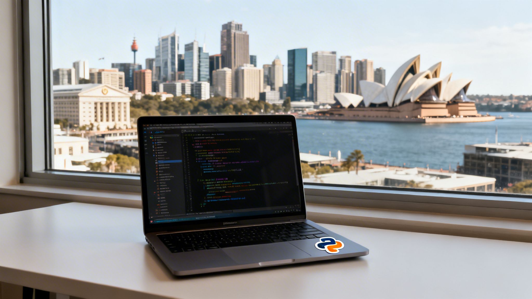 A laptop with Python code on the screen, overlooking the Sydney Opera House and cityscape.