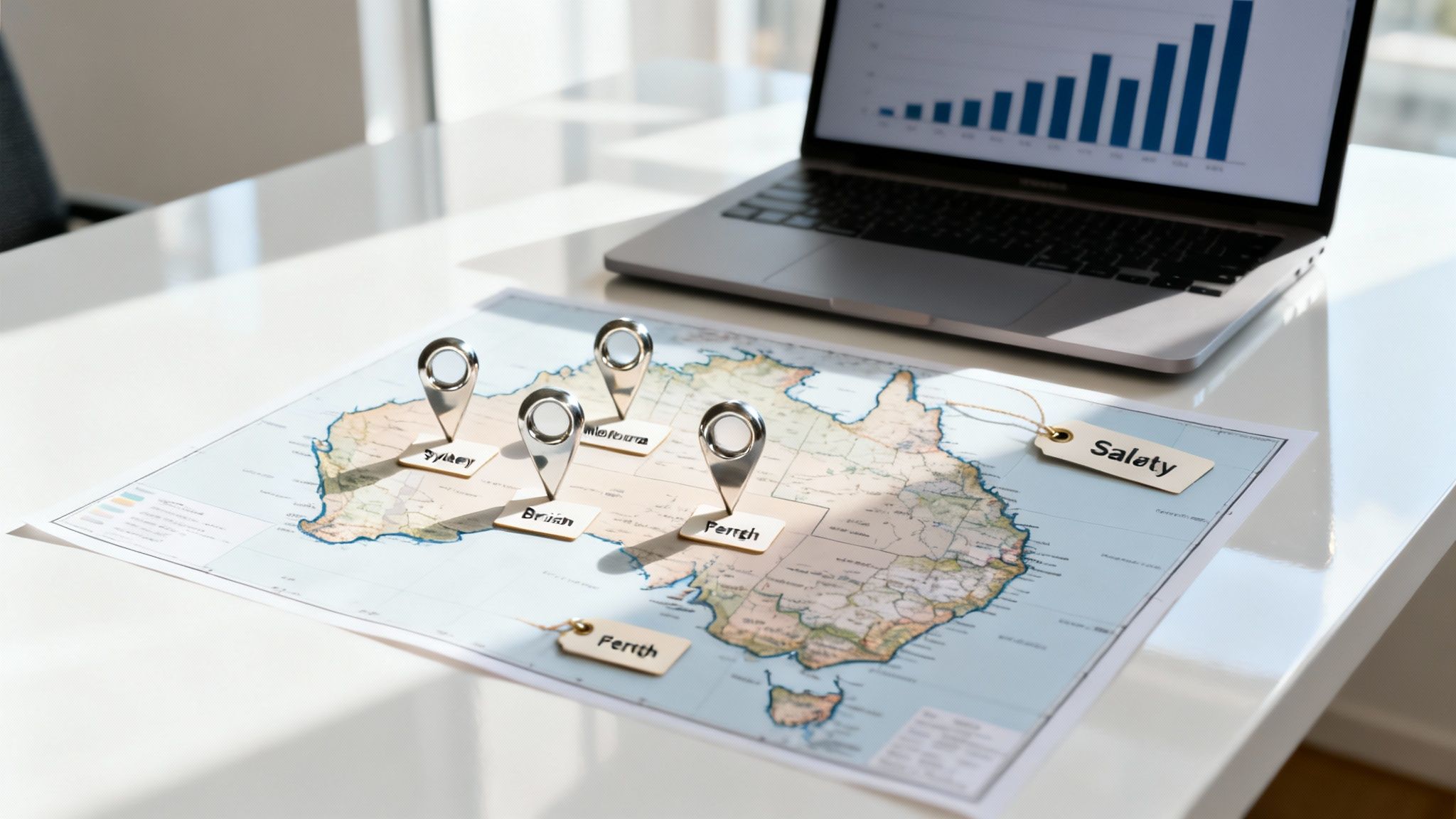 A map of Australia marked with location pins for cities like Sydney, Melbourne, and Perth, alongside a 'Salary' tag and a laptop displaying a bar graph.