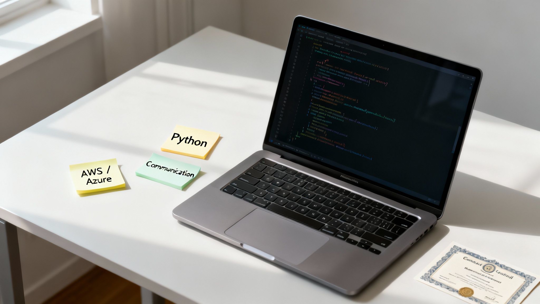 A desk with a laptop displaying code, sticky notes listing Python, AWS/Azure, and Communication skills.