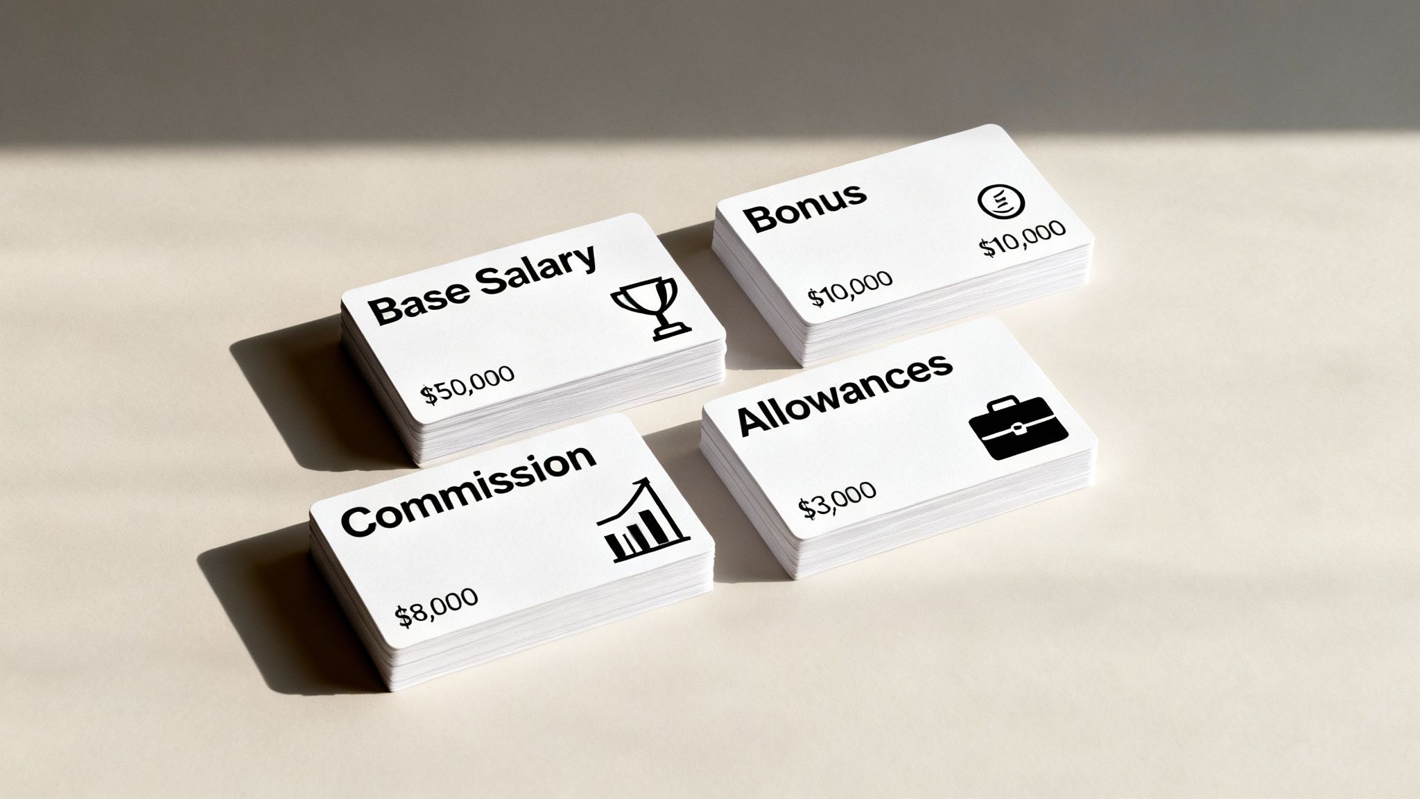 Four stacks of white cards displaying different components of compensation like salary, bonus, commission, and allowances with their values.