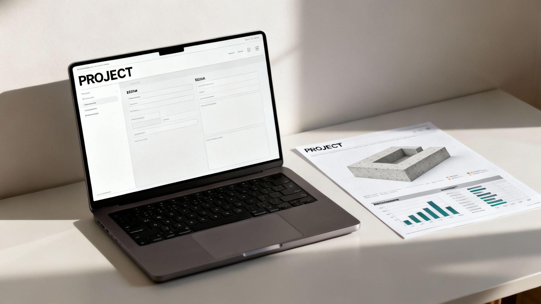 A modern laptop and a document displaying a 3D concrete structure and charts, on a clean desk.