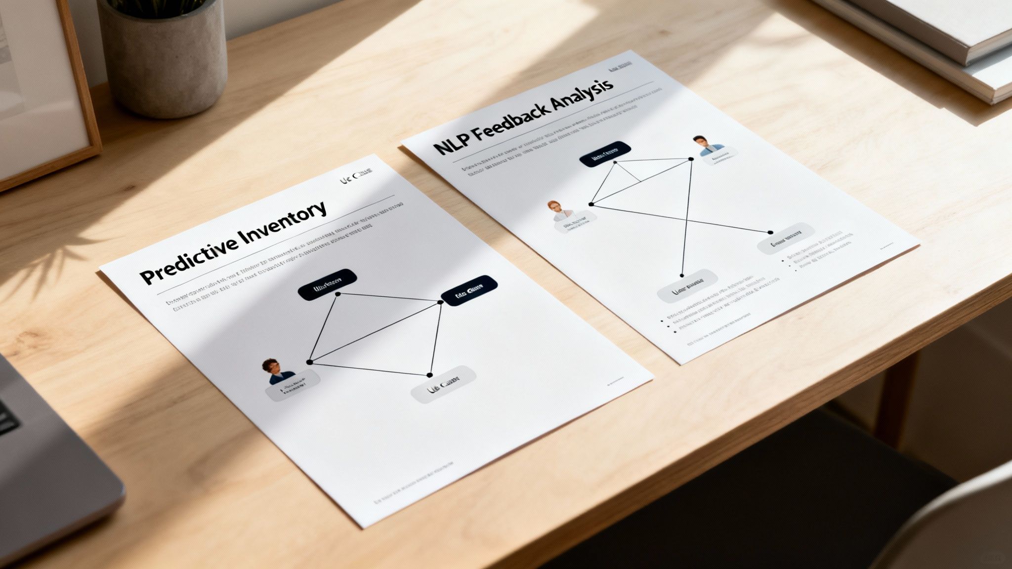Two documents showing AI/ML use case diagrams for 'Predictive Inventory' and 'NLP Feedback Analysis' on a wooden desk.
