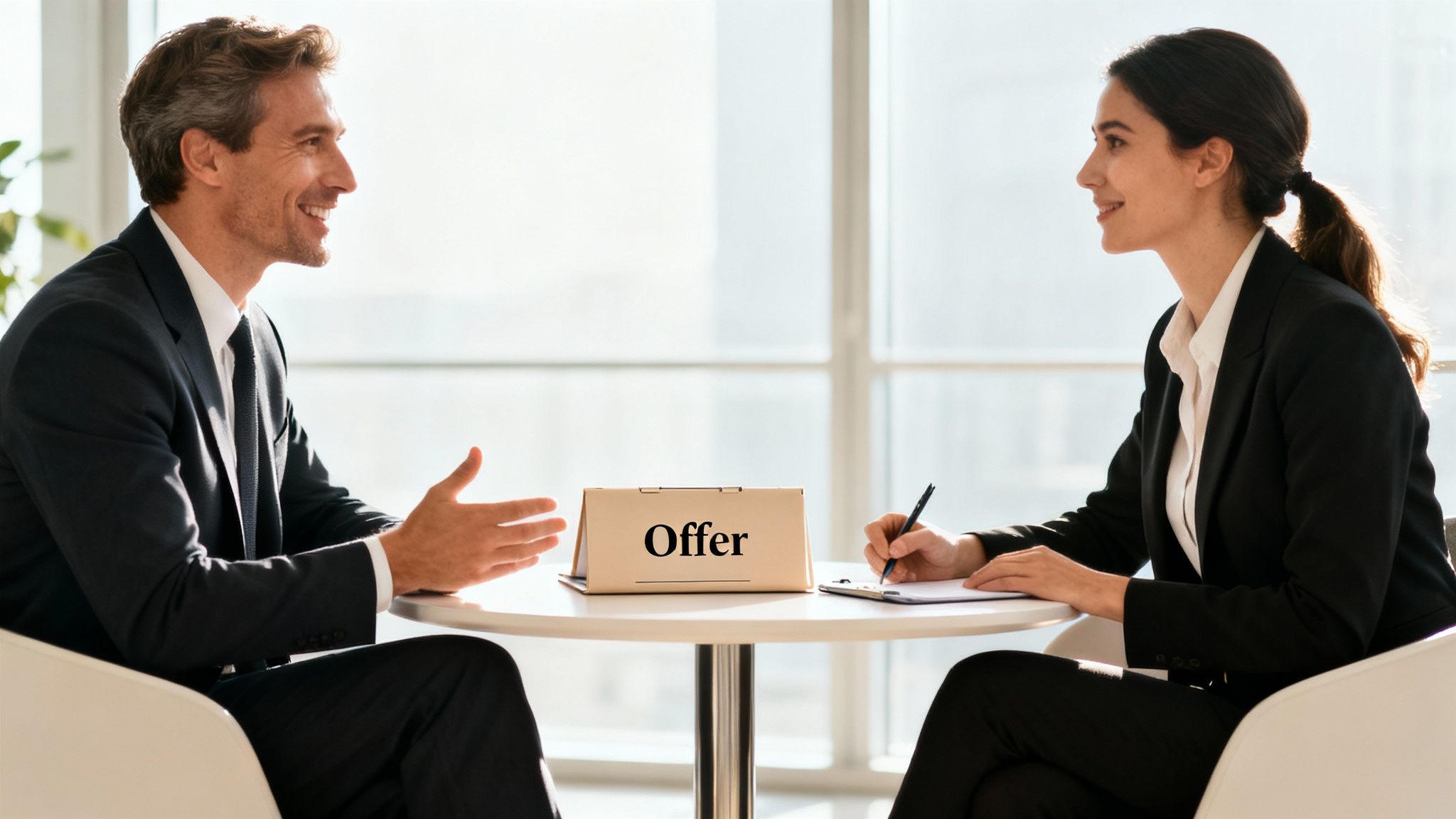 Two smiling professionals, a man and a woman, discuss a job offer across a table.
