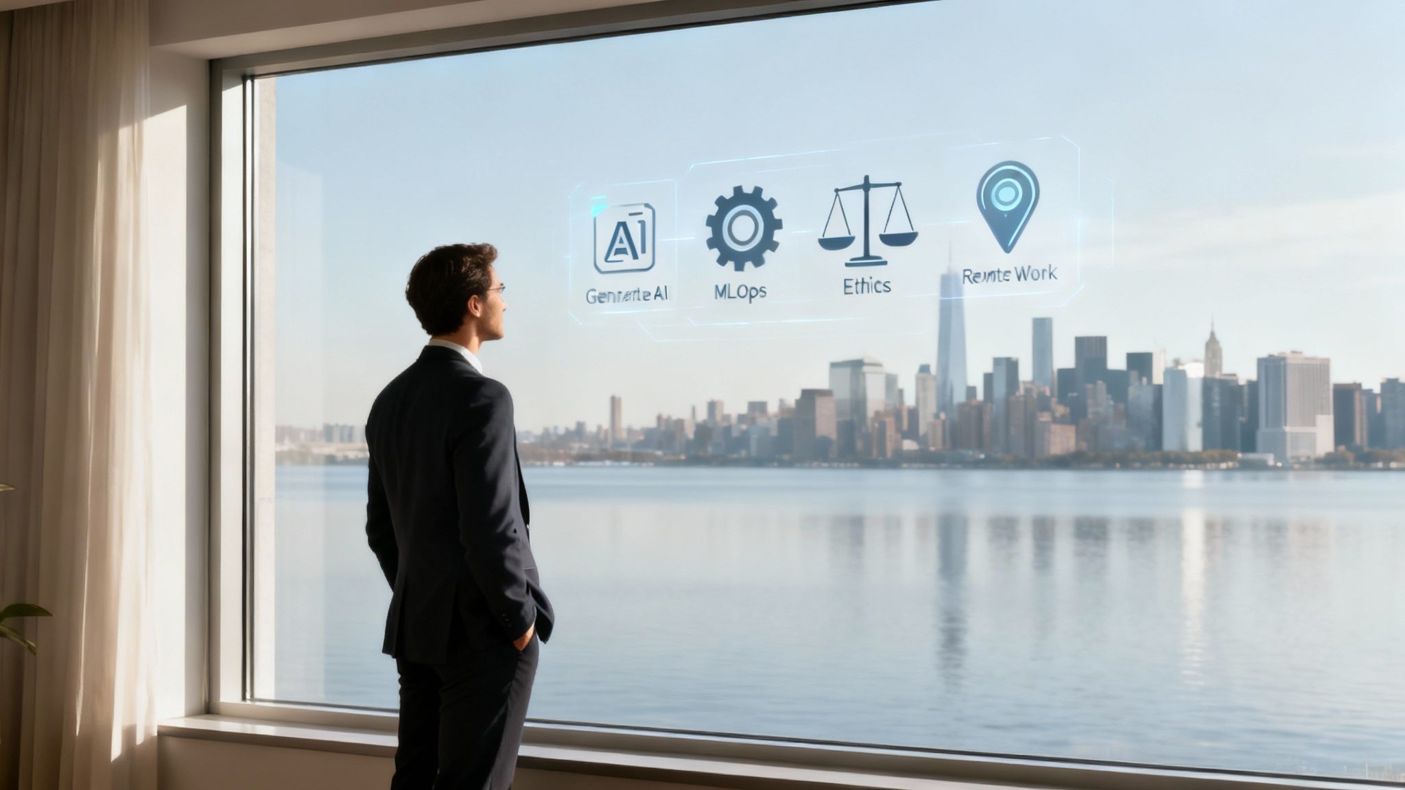 Businessman viewing future tech concepts like Generative AI and Remote Work on a window overlooking a city.