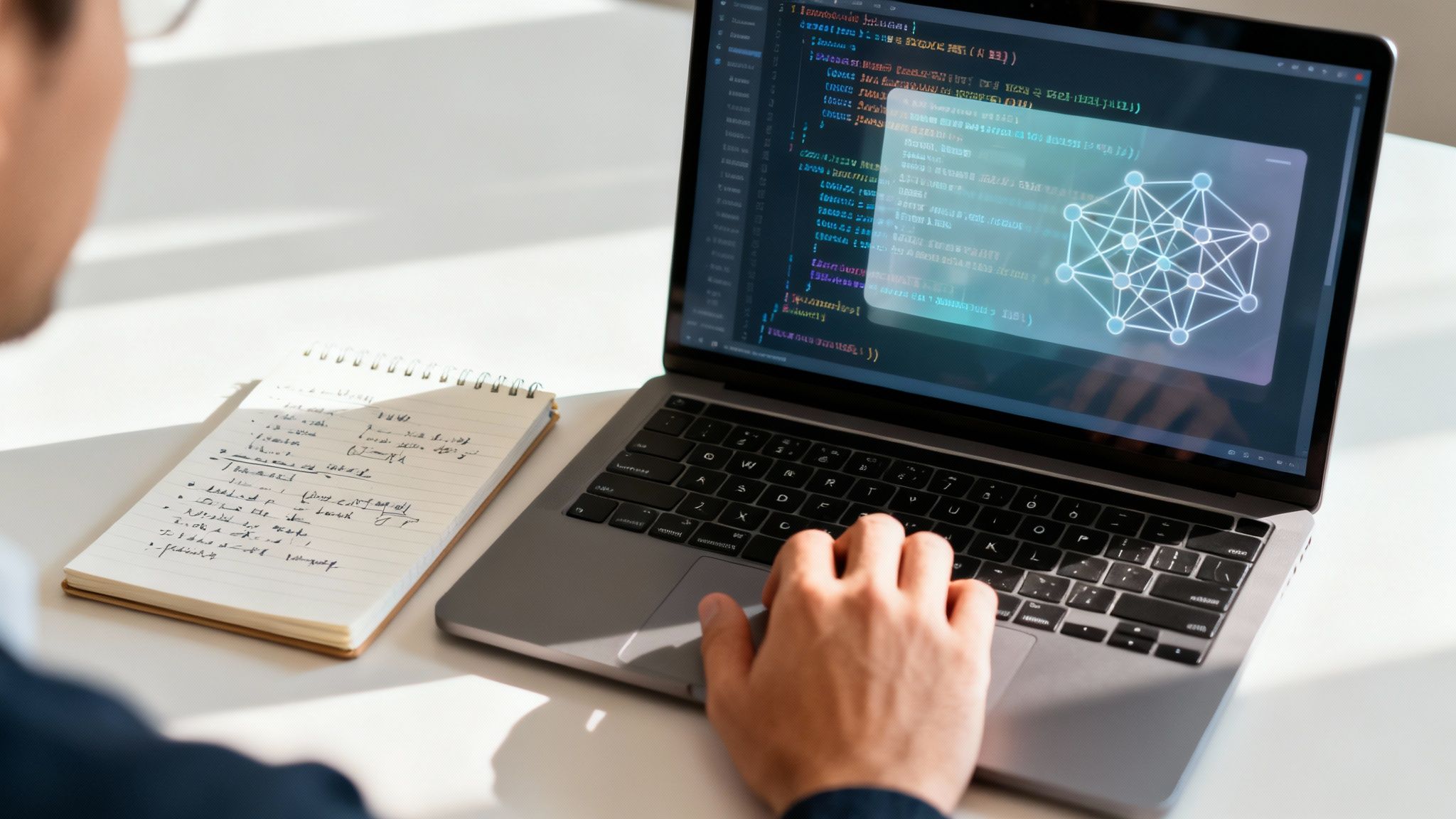 A person coding on a laptop, displaying code and a neural network, with a notebook.