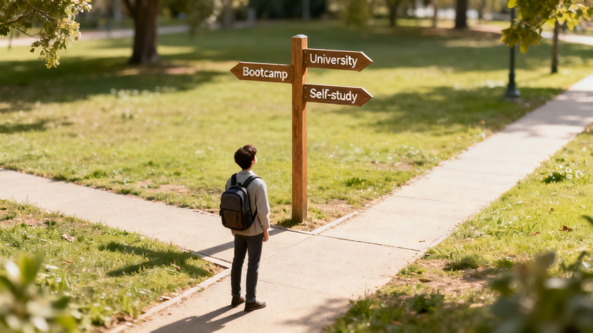 A student stands at a crossroads, looking at a signpost pointing to 'Bootcamp', 'University', and 'Self-study'.