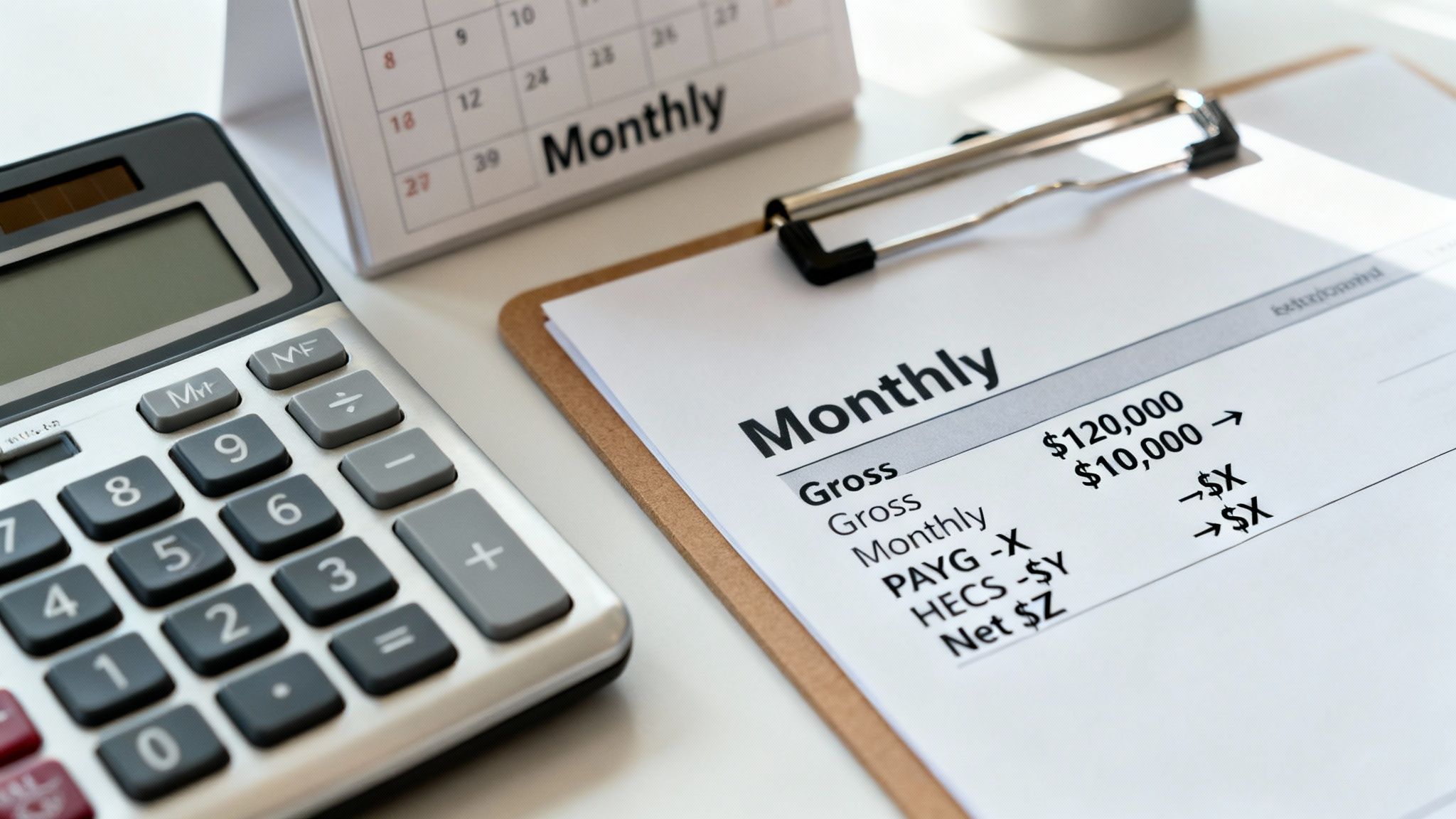 A calculator, monthly calendar, and document showing gross and net salary calculations on a clipboard.