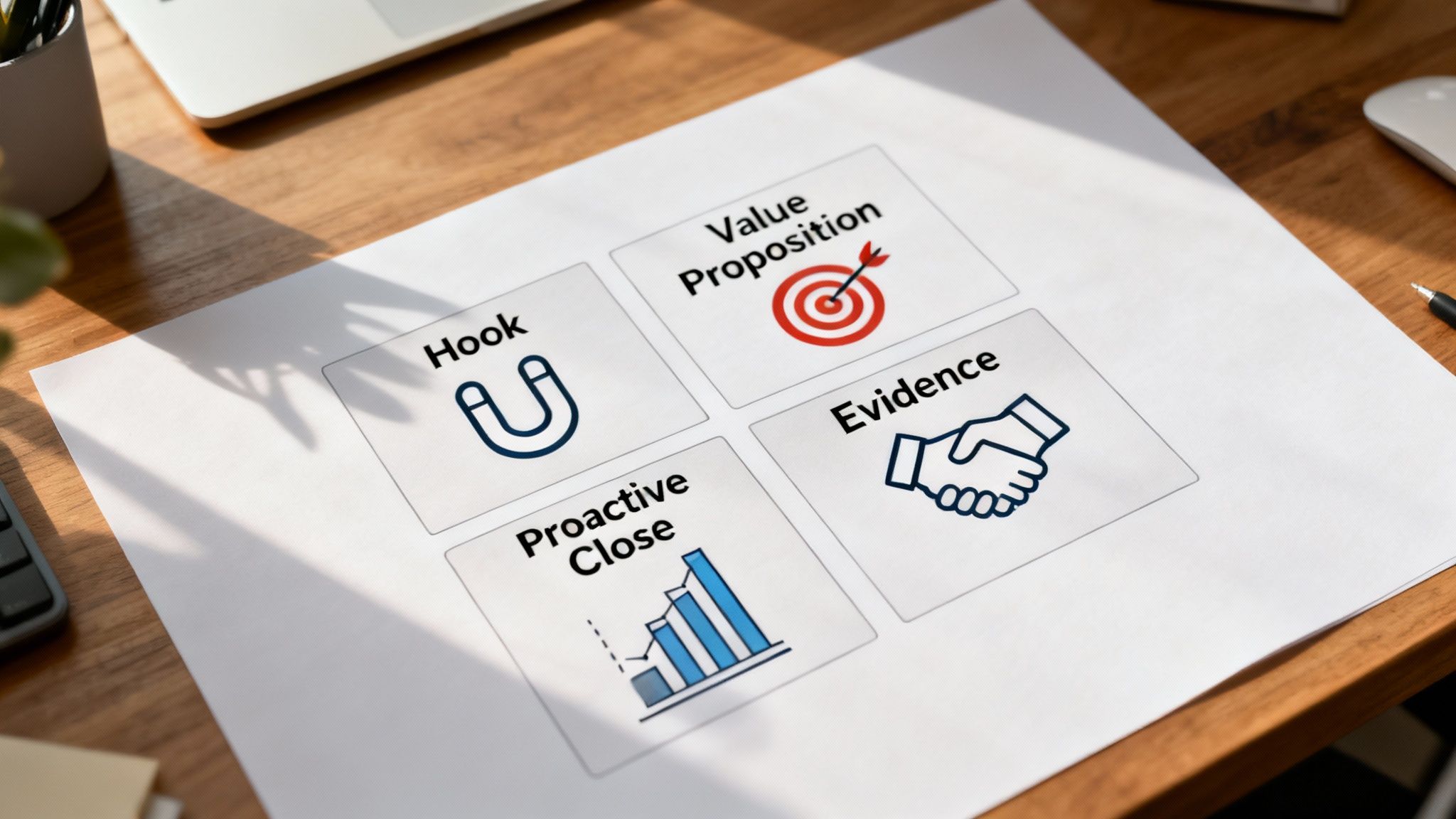 A diagram outlining a business pitch strategy with sections for Hook, Value Proposition, Evidence, and Proactive Close.