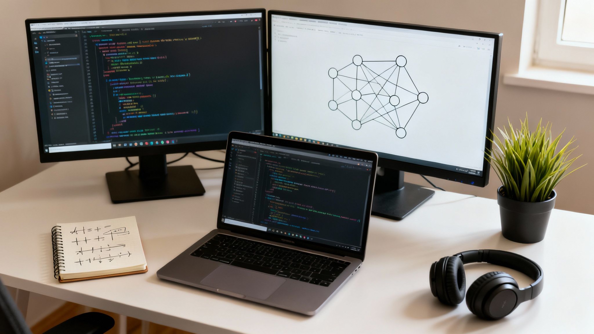 A programmer's desk setup with two monitors displaying code and a neural network diagram.