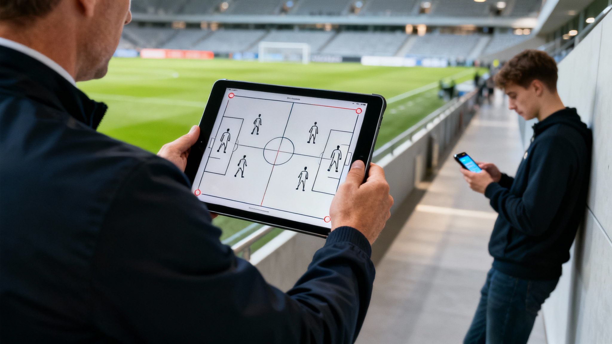 A coach holds a tablet showing a football tactical formation in a stadium, representing sports technology.