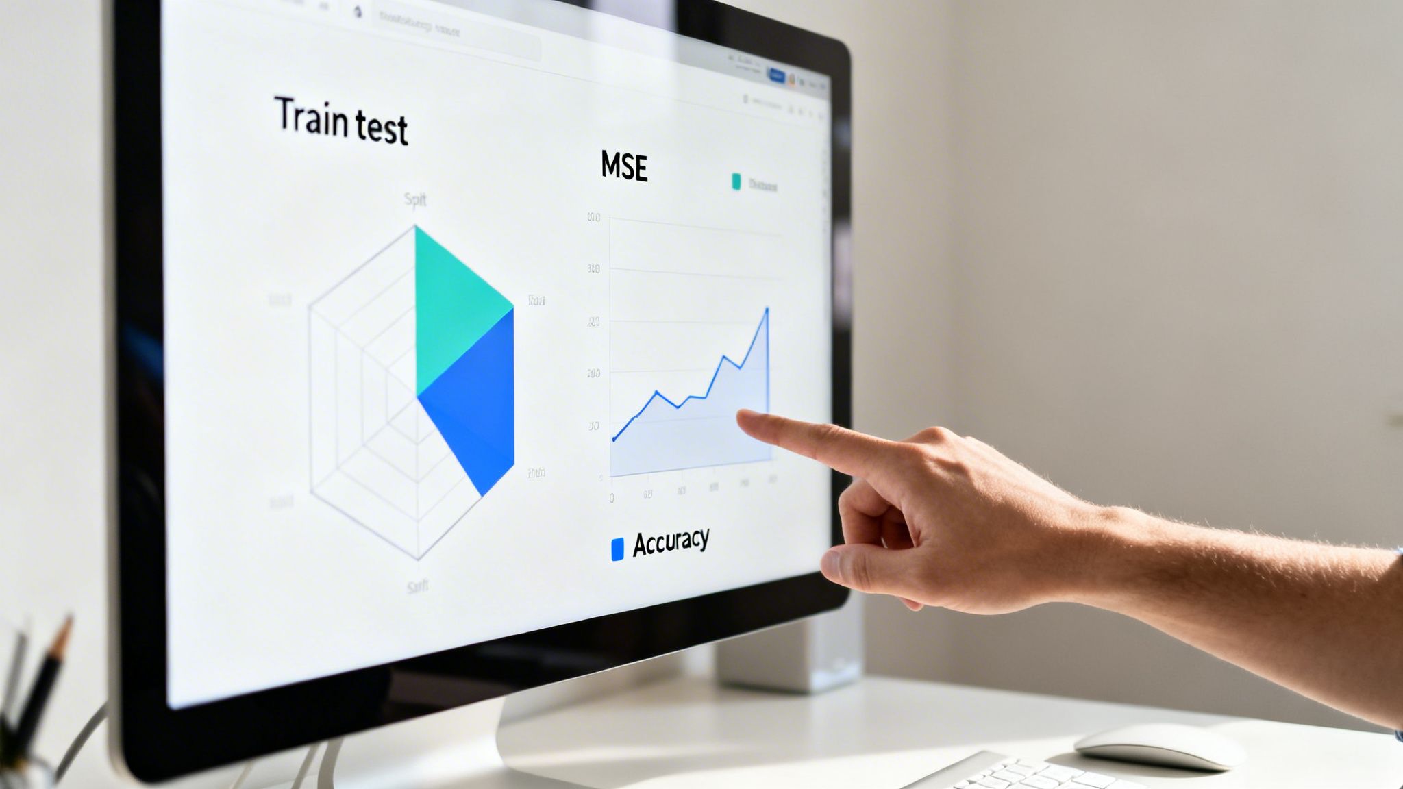 A person points at a computer screen displaying machine learning data visualizations, including train test and MSE graphs.