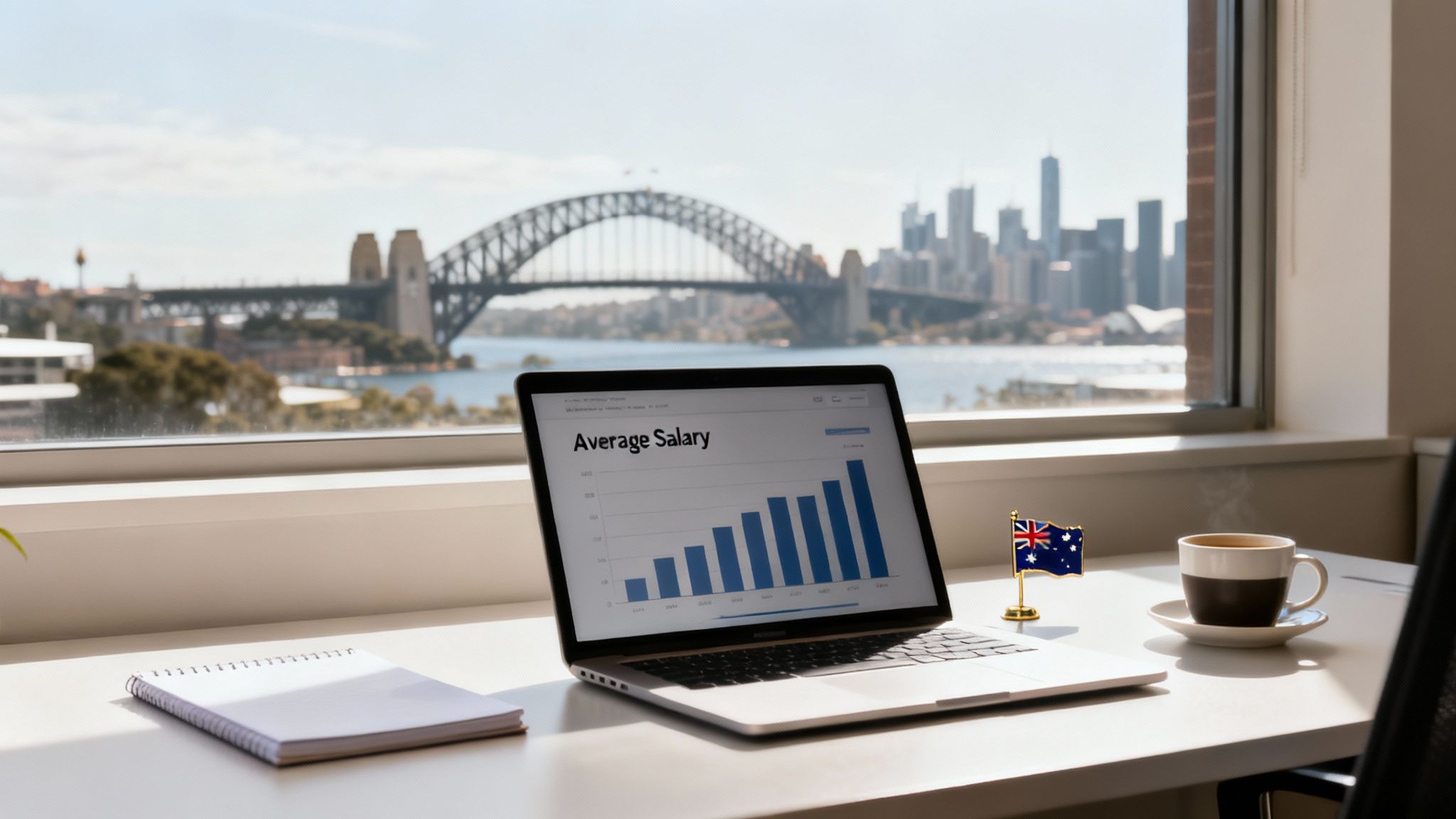 Laptop displaying an average salary chart on a desk overlooking Sydney Harbour with a coffee and Australian flag.