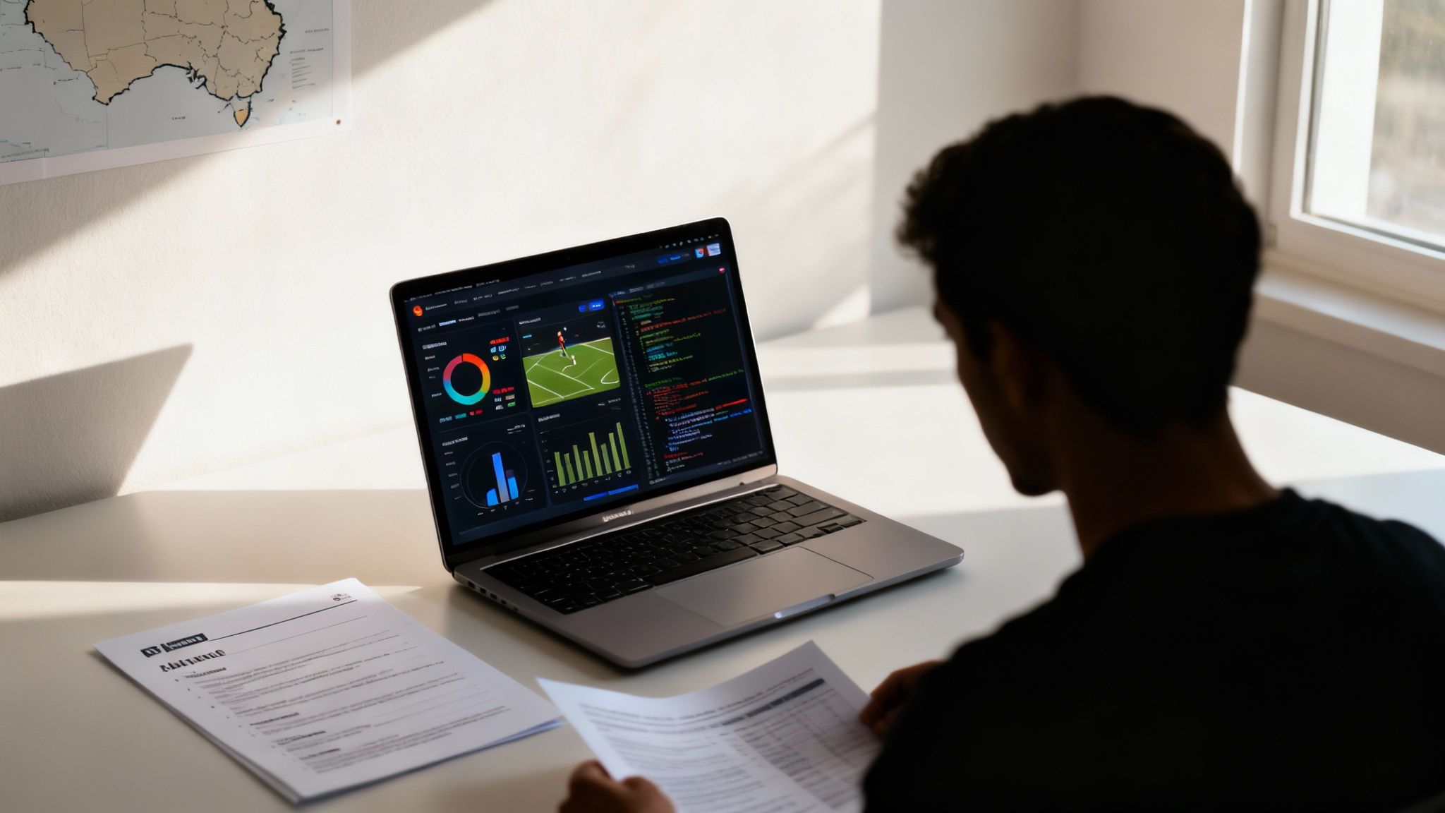 A person views sports data analytics and code on a laptop screen, with papers on a desk.