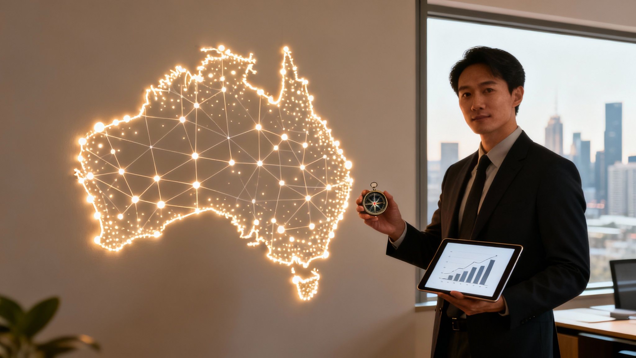 A businessman holds a tablet with a graph and a compass, standing before a glowing map of Australia.