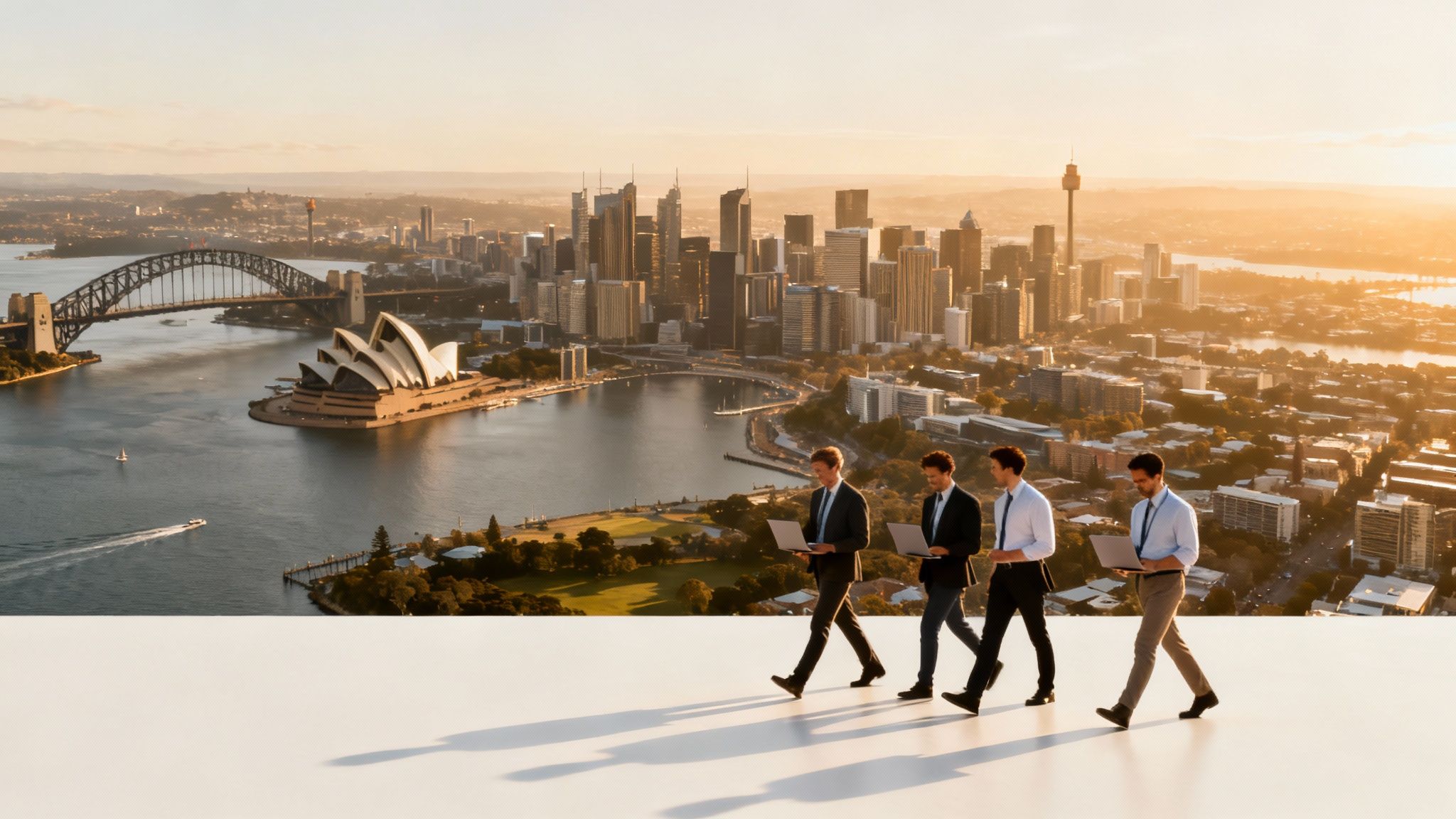Four businessmen with laptops walk on a rooftop overlooking the Sydney skyline at sunset.