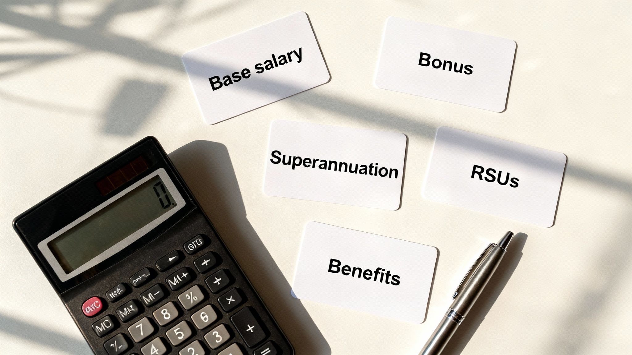 A calculator, pen, and cards listing compensation components: base salary, bonus, RSUs, superannuation, and benefits.