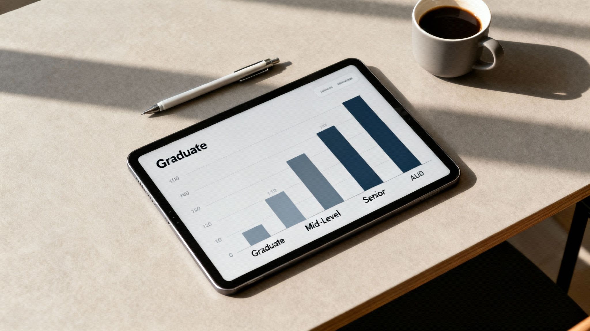 A tablet displays a bar chart showing career levels and salaries, with a pen and coffee on a desk.