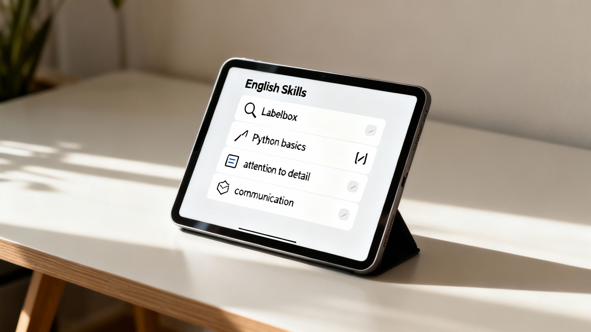 A tablet displays 'English Skills' with a list of job-related skills like Labelbox and Python basics.