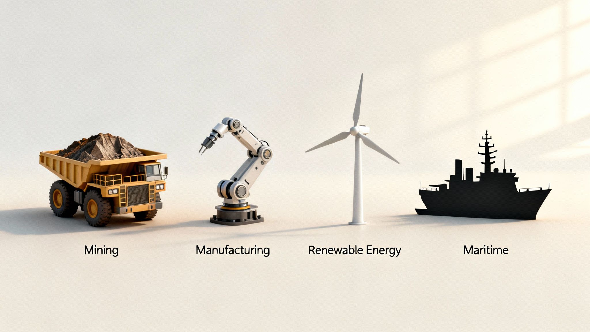 Visual representation of diverse industries: mining, manufacturing, renewable energy, and maritime sectors.