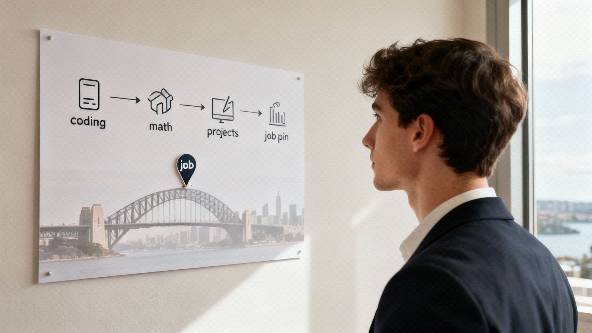 Man observes a career path flowchart with icons for coding, math, and projects leading to a job.