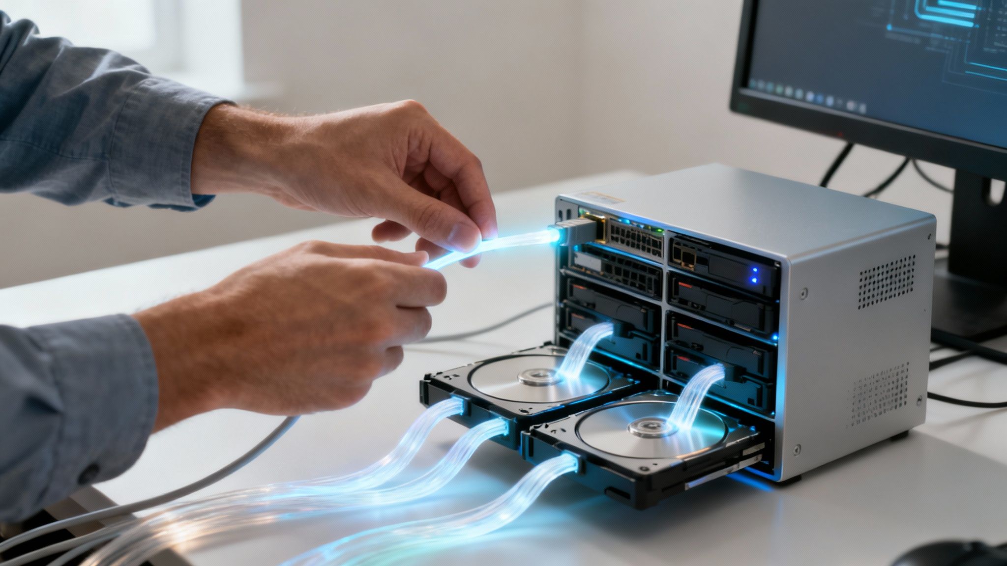 Hands connect a glowing fiber optic cable to a server with illuminated hard drives, demonstrating data transfer.