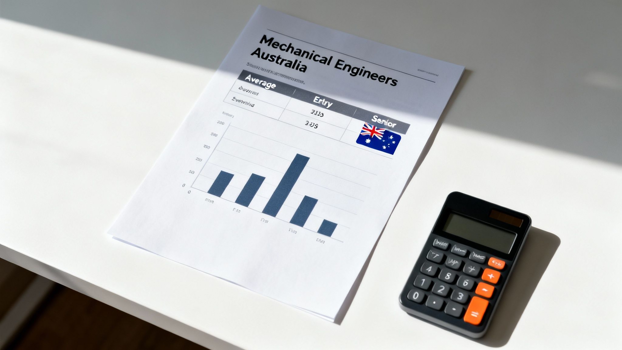 A document about mechanical engineer salaries in Australia with a calculator on a white desk.