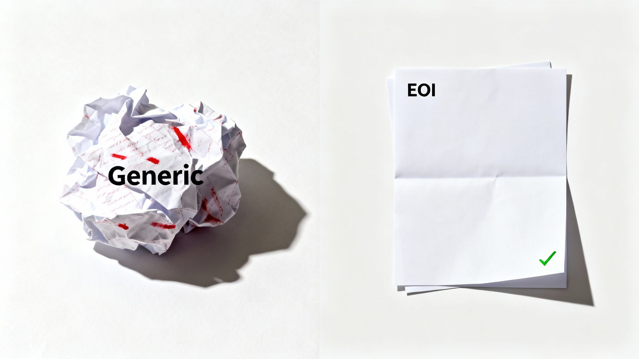 Comparison of a crumpled 'Generic' document with a neat, approved 'EOI' document.