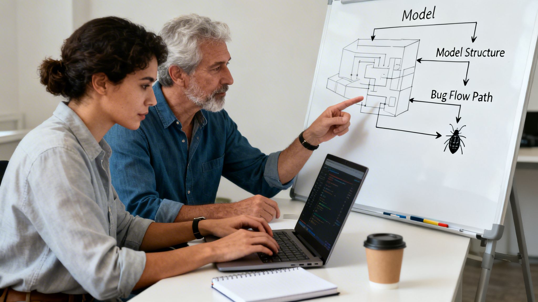 Two developers collaborating, reviewing a software model and bug flow path diagram on a whiteboard.
