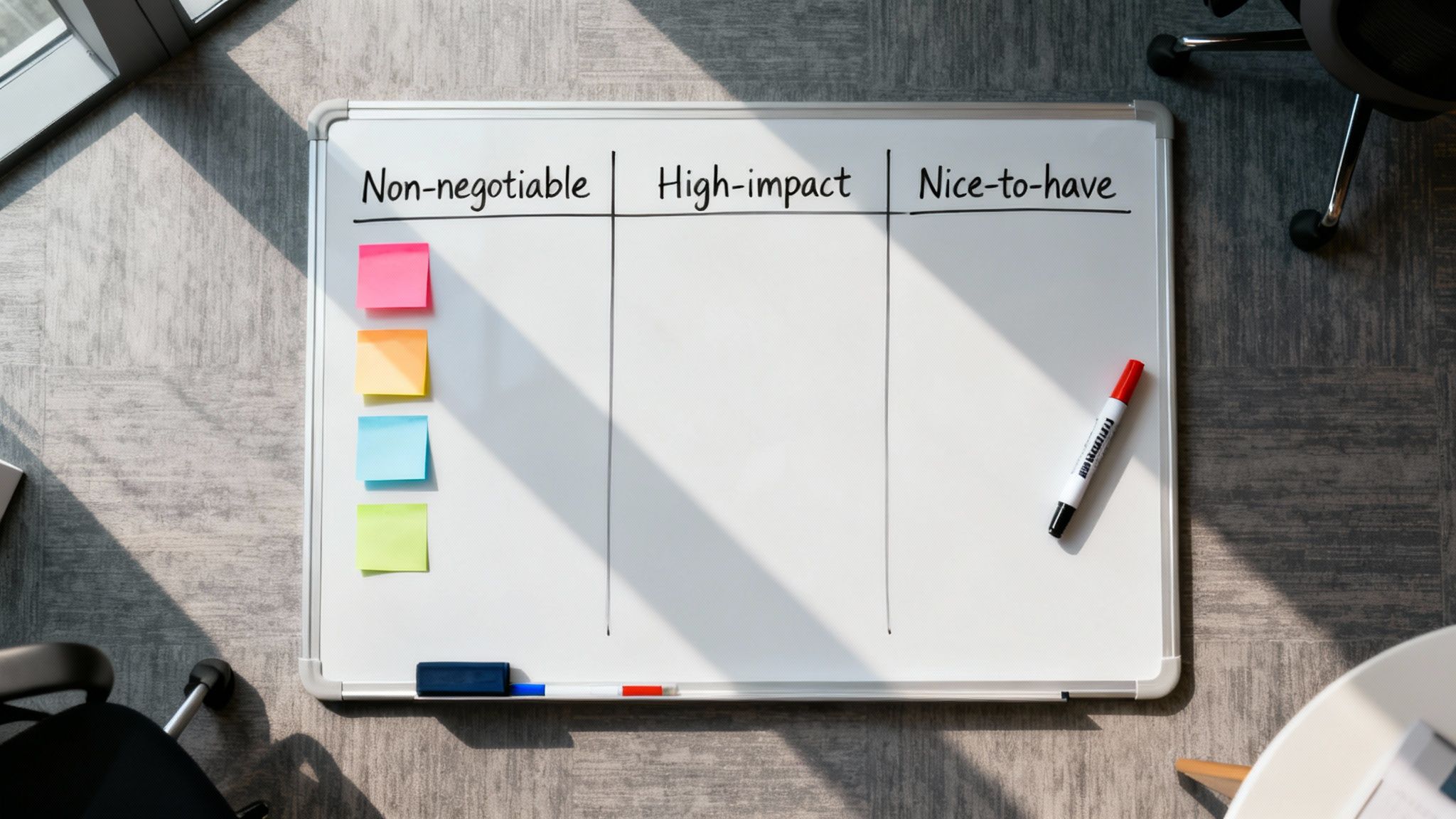 Whiteboard with 'Non-negotiable' sticky notes, 'High-impact', 'Nice-to-have' categories for task prioritization.