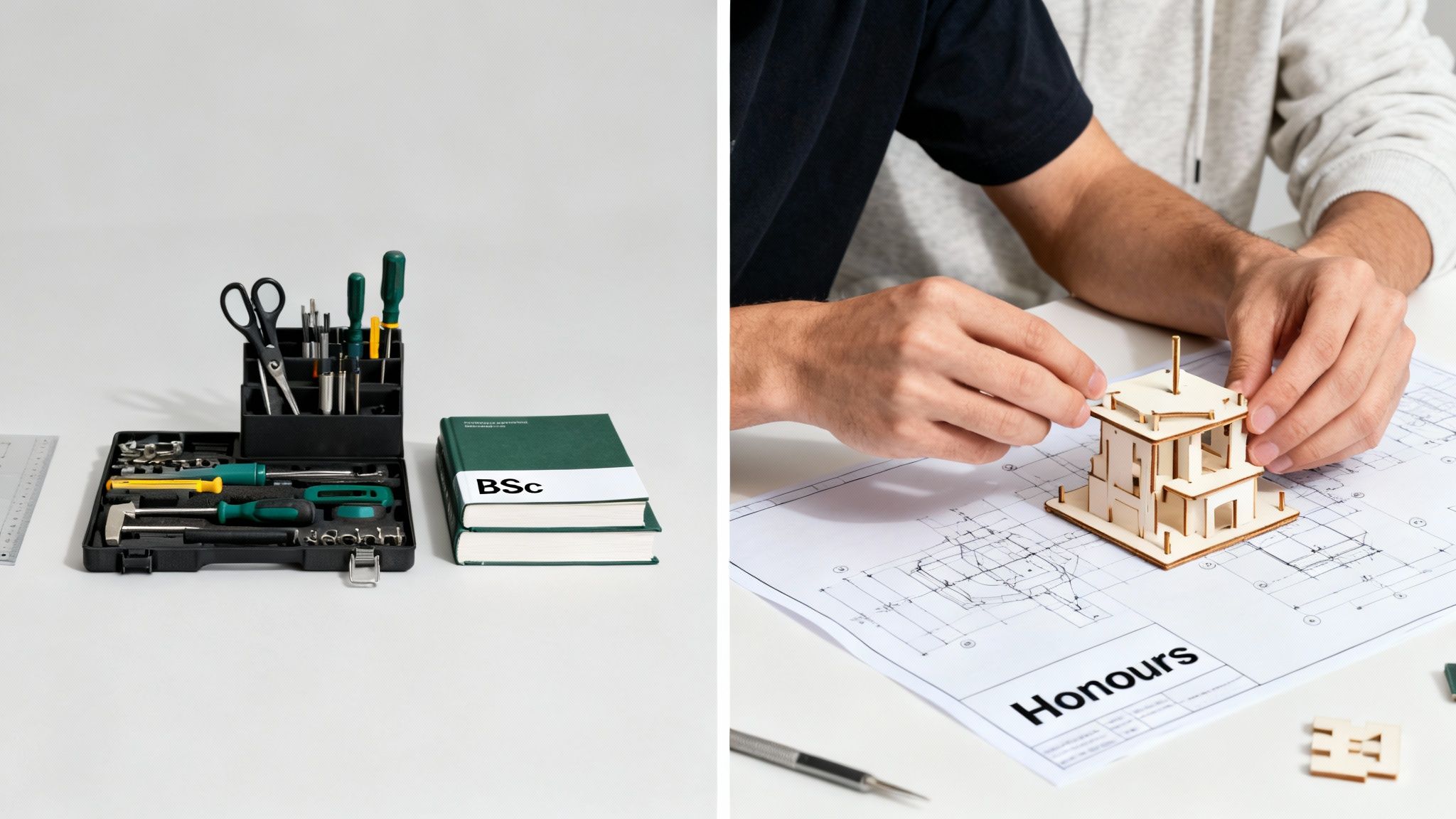 A comparison of a BSc degree with tools and an Honours degree with a person building an architectural model.