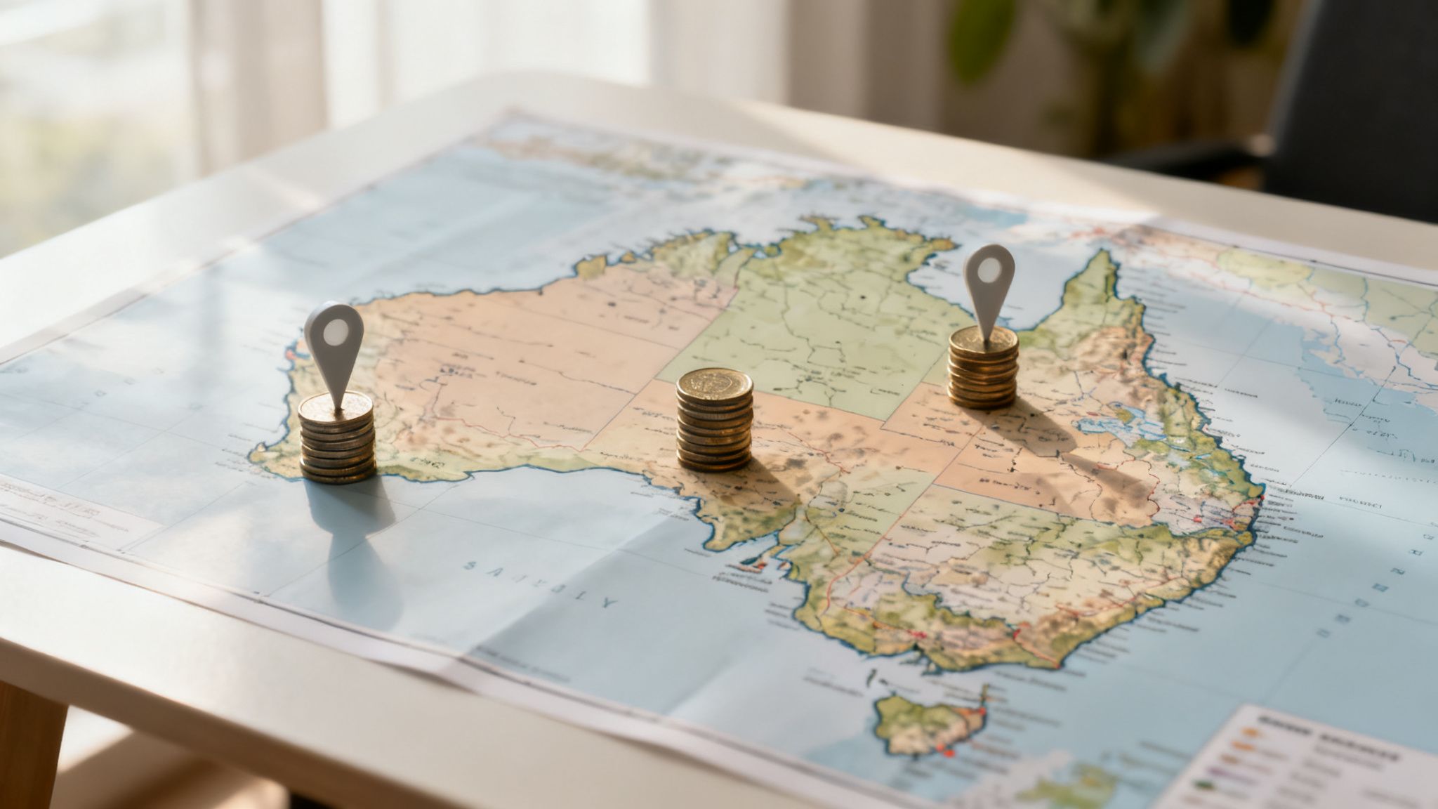 Three stacks of coins with location pins on an Australia map, symbolizing job market analysis.