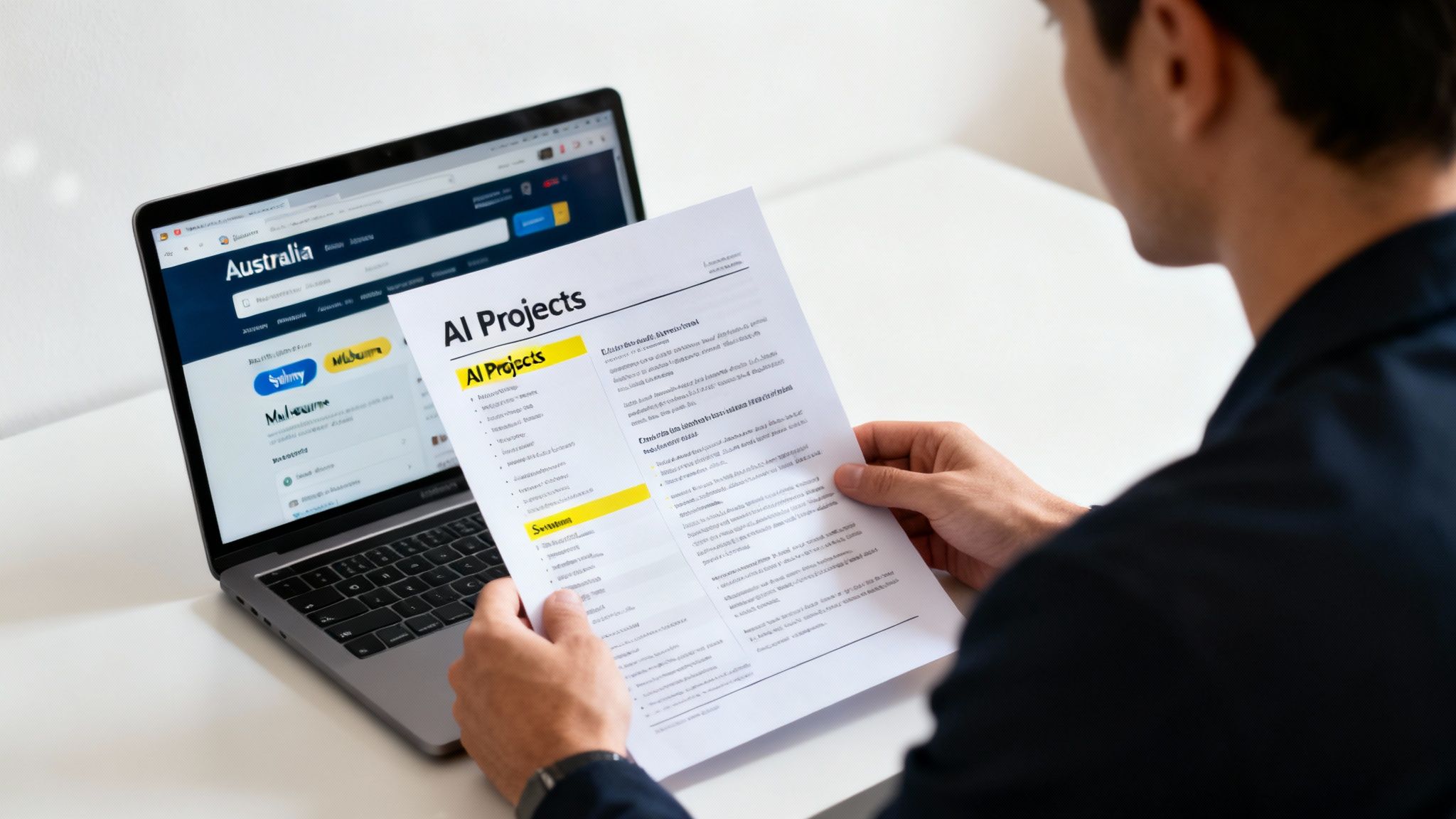 A person reads a document titled 'AI Projects' while a laptop displays a website.