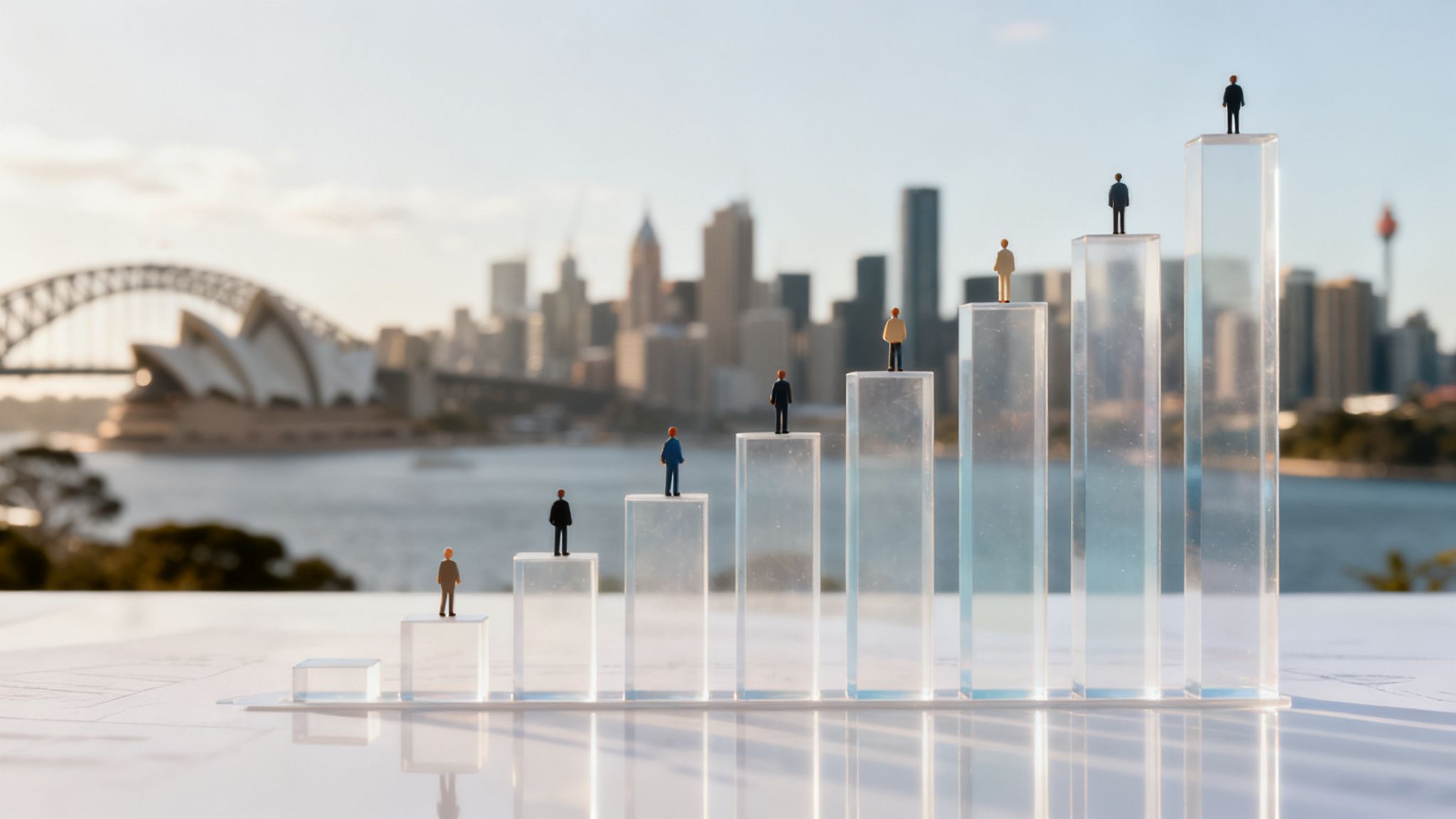 Miniature figures ascend clear, escalating blocks, representing career progression, against a blurred Sydney skyline.