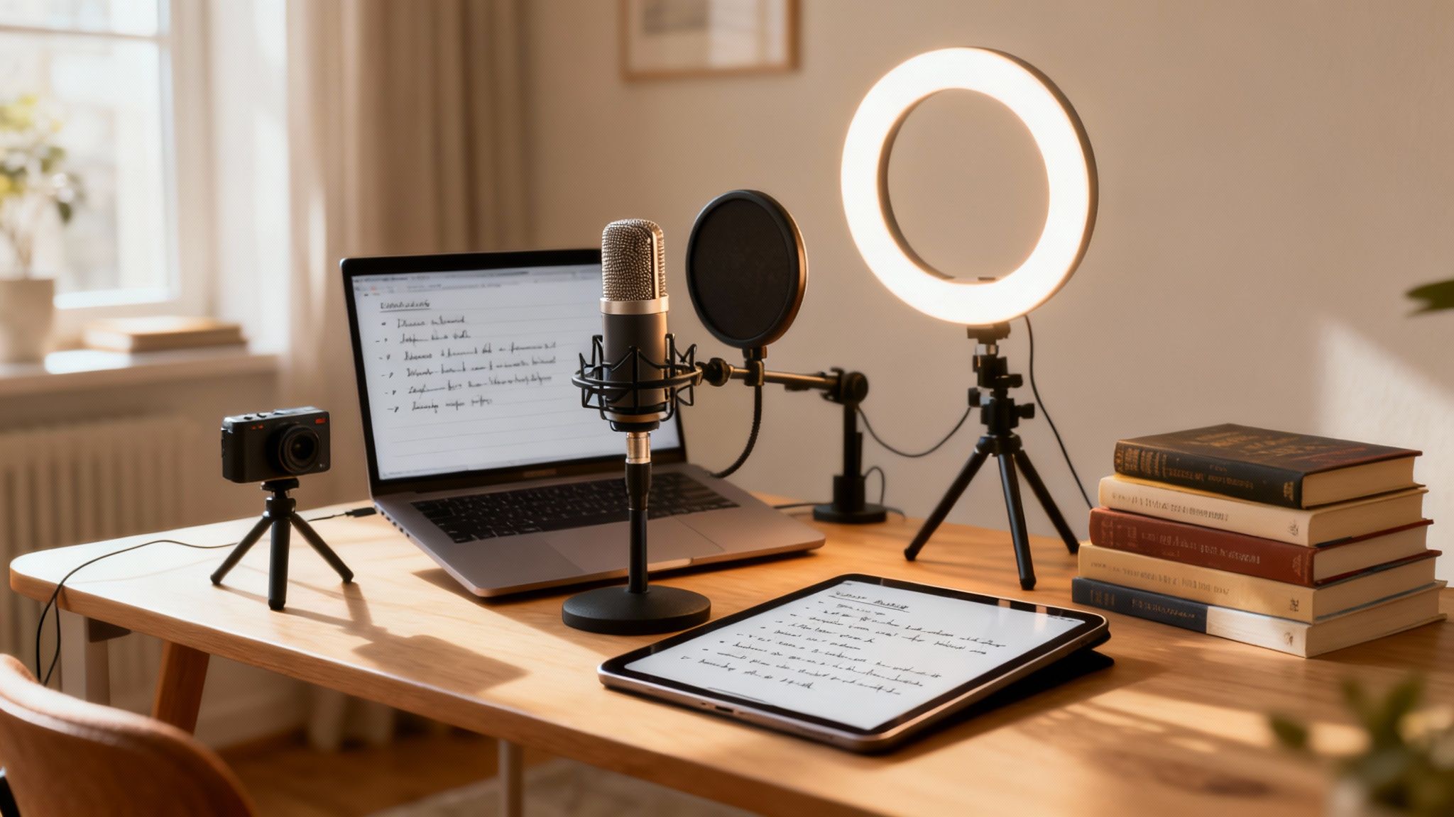 A well-lit home office setup with a laptop, microphone, ring light, camera, and tablet.