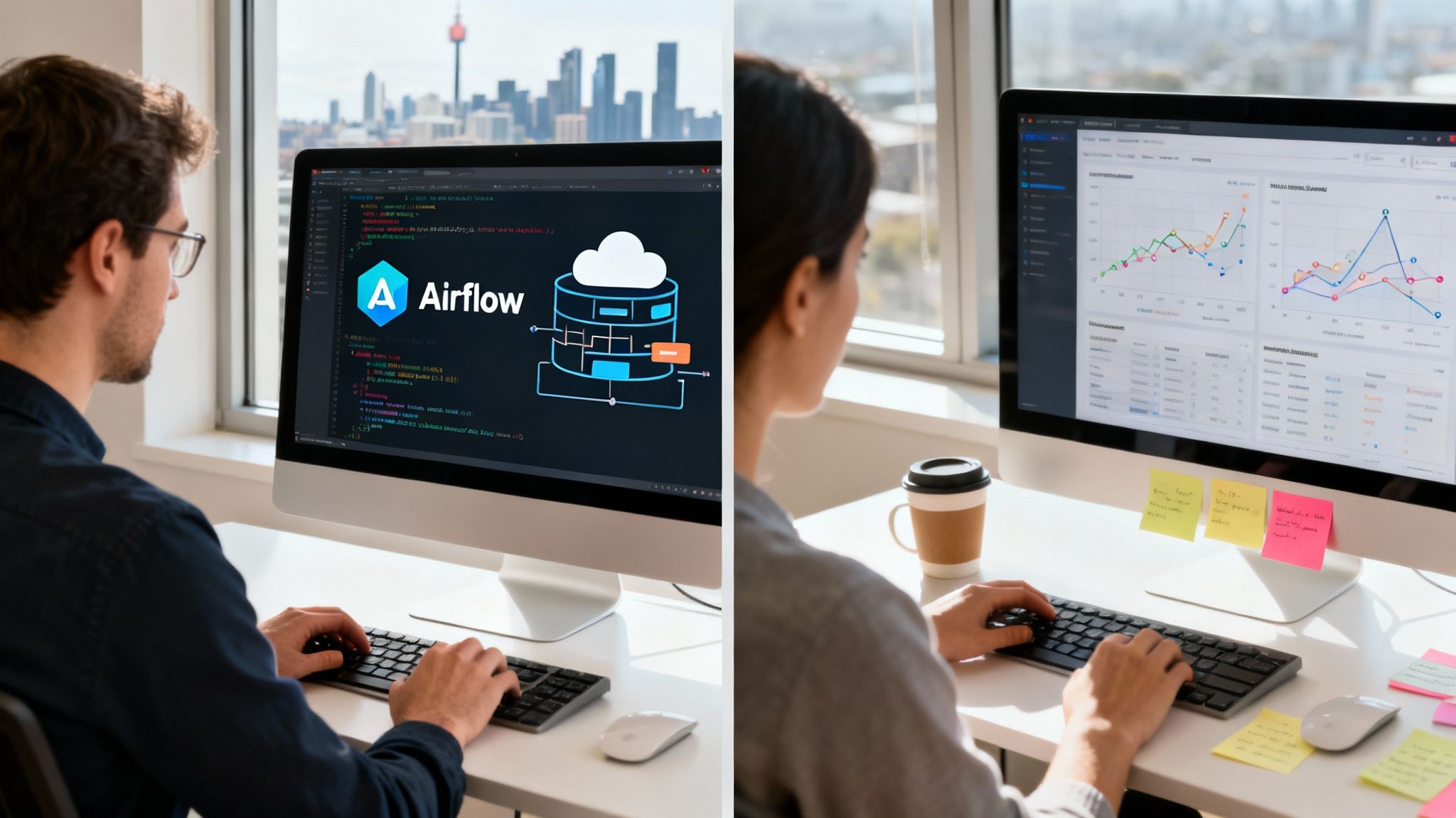 Two people working at computers, one coding with Airflow, the other analyzing data dashboards.