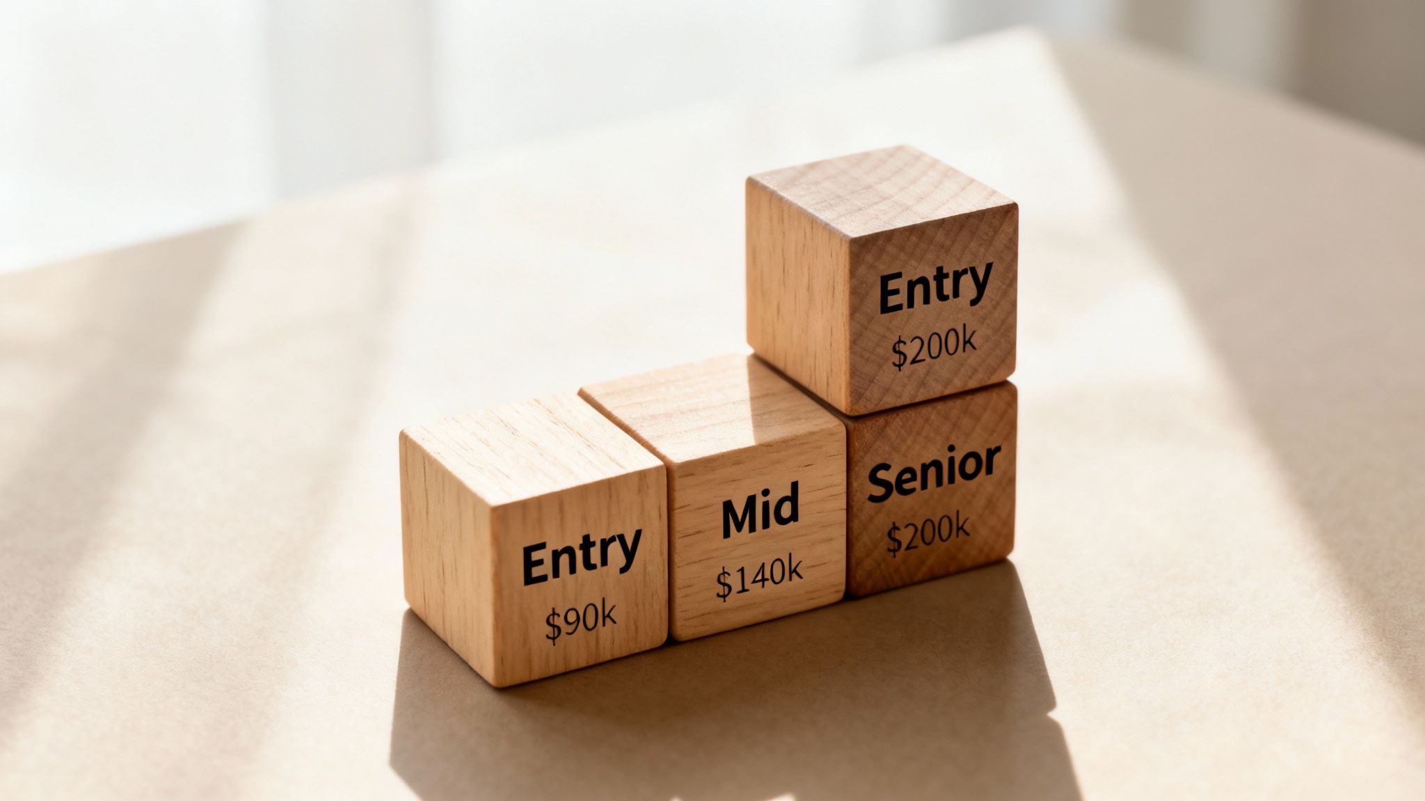 Wooden blocks display 'Entry $90k', 'Mid $140k', 'Senior $200k', and 'Entry $200k', representing salary tiers.