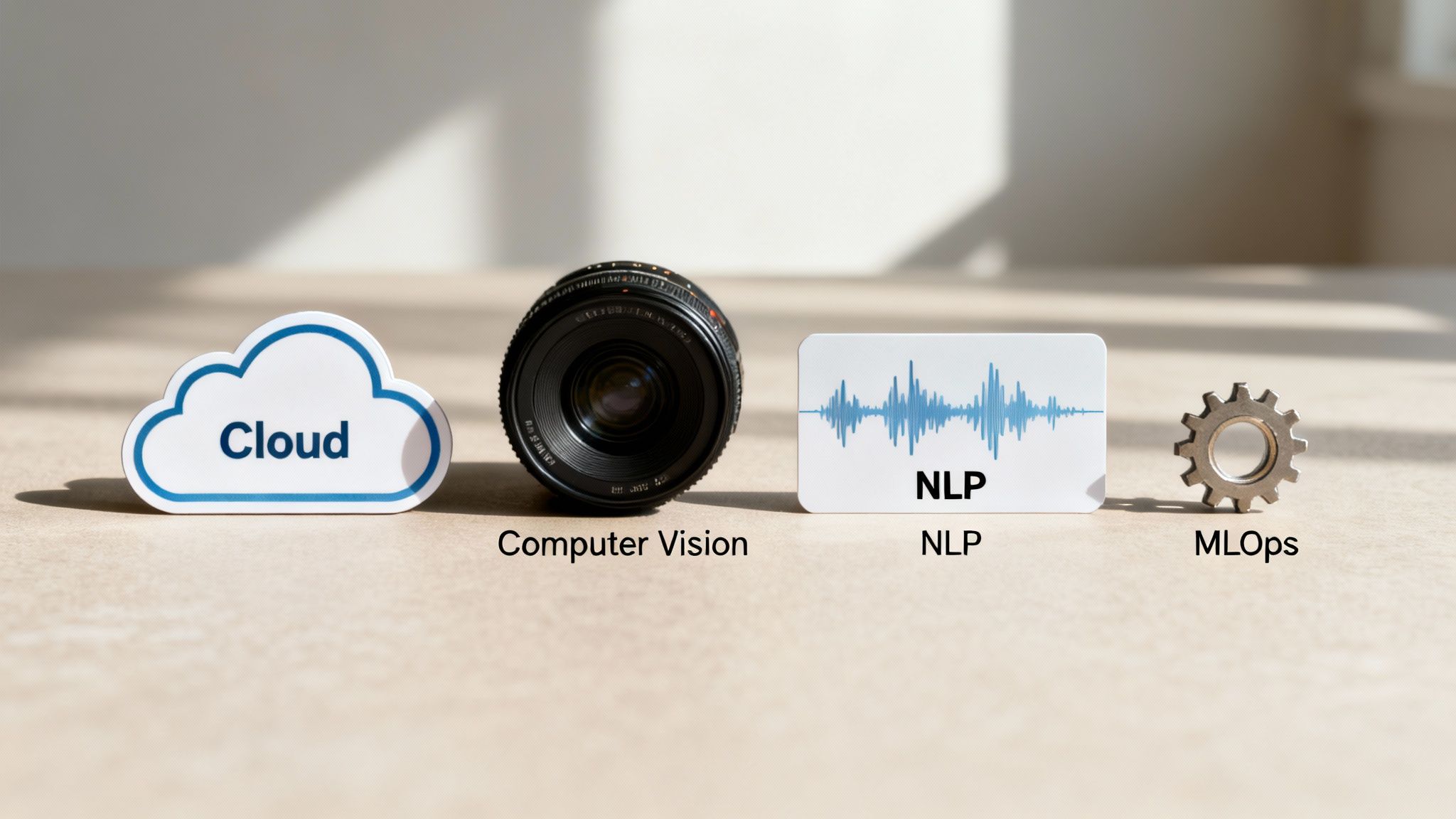 A lineup of symbols representing AI and machine learning concepts: Cloud, Computer Vision, NLP, and MLOps.