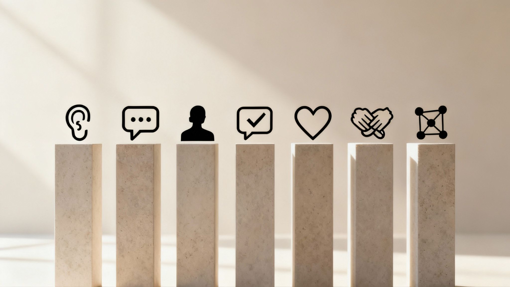 Icons for listening, communication, empathy, and networking on blocks, symbolizing interpersonal skills.