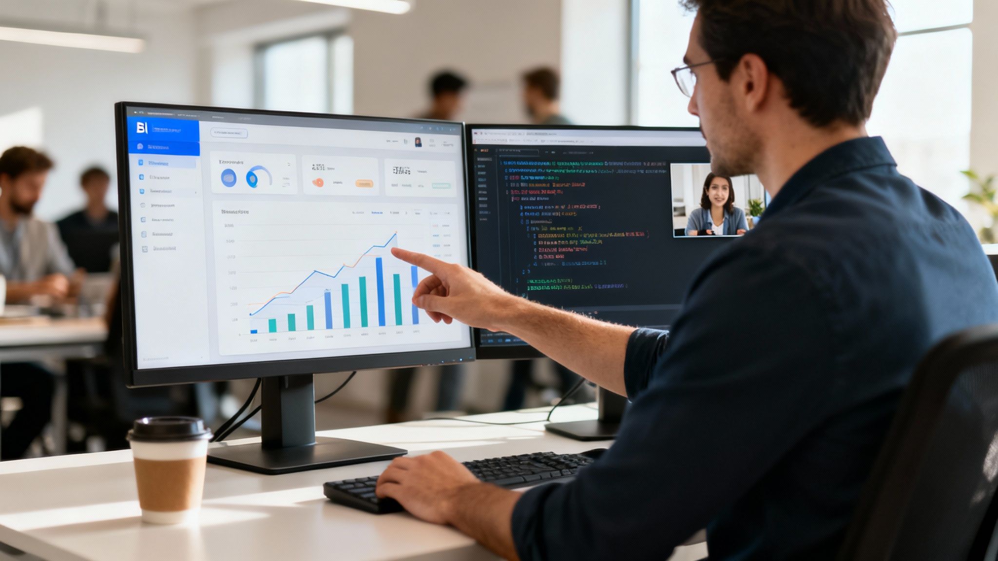 Man in glasses analyzes business intelligence data on dual monitors during a video call.