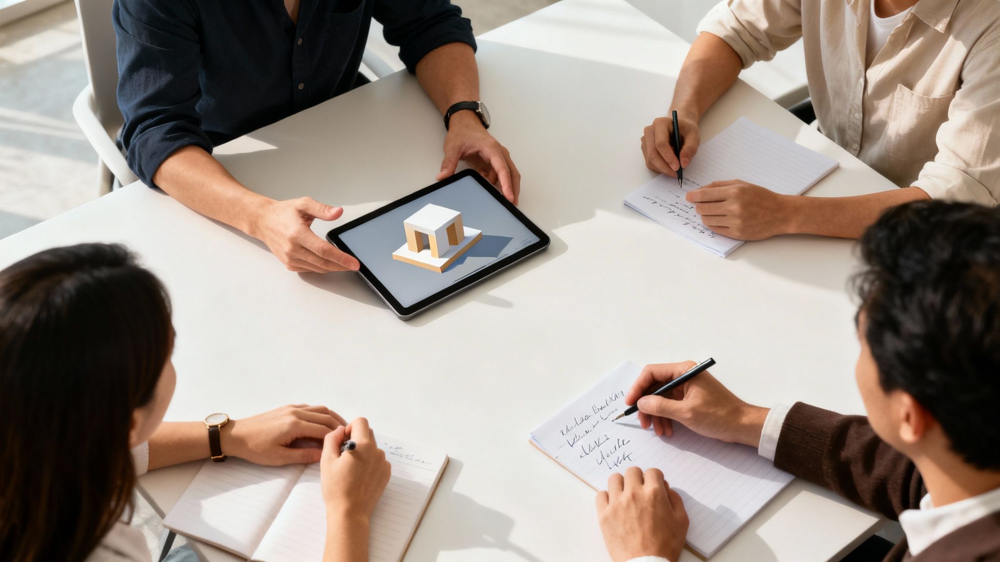 Four people in a meeting, one showing a 3D architectural model on a tablet, others taking notes.
