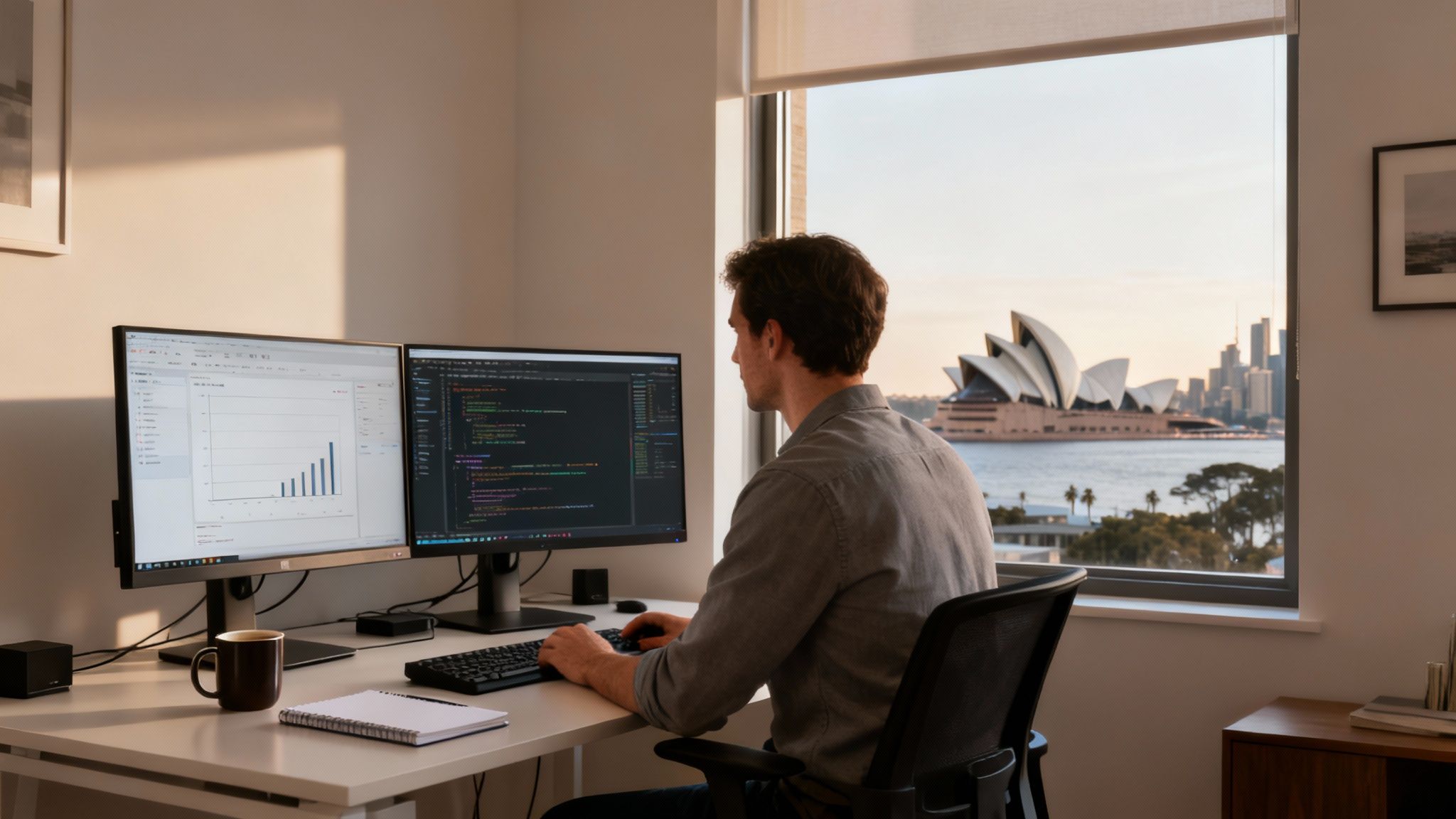 A man works on dual monitors, displaying code and graphs, with a view of the Sydney Opera House.