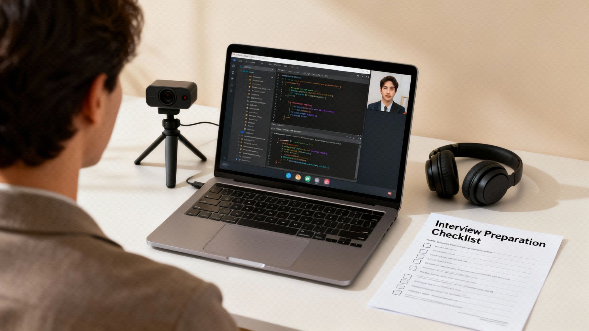 A person engages in a remote job interview setup with a laptop, webcam, headphones, and an interview checklist.