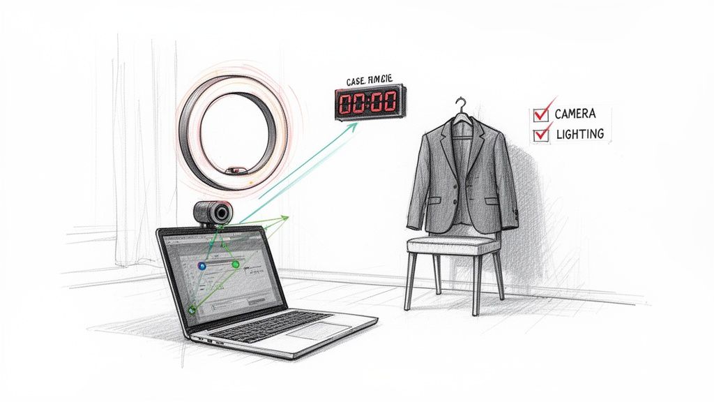 Virtual mock interview setup with laptop, webcam, ring light, timer, and suit on chair.