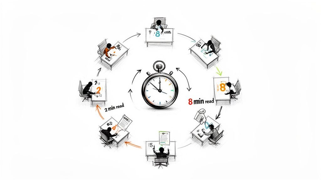 A visual illustrating the MMI interview process with multiple stations, timed tasks, and a stopwatch.