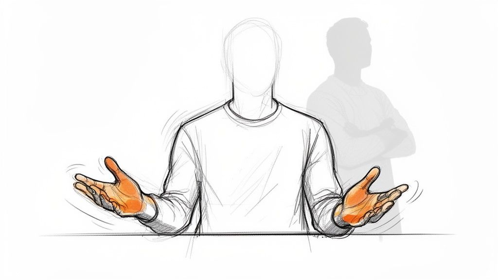 A sketch of a person with open, orange-highlighted hands, contrasting a faint silhouette with crossed arms.
