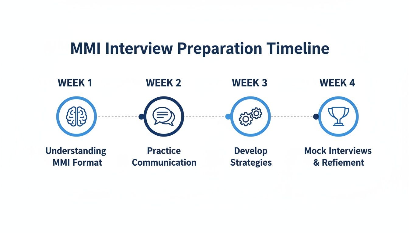 A 4-week MMI interview preparation timeline showing steps from understanding format to mock interviews.